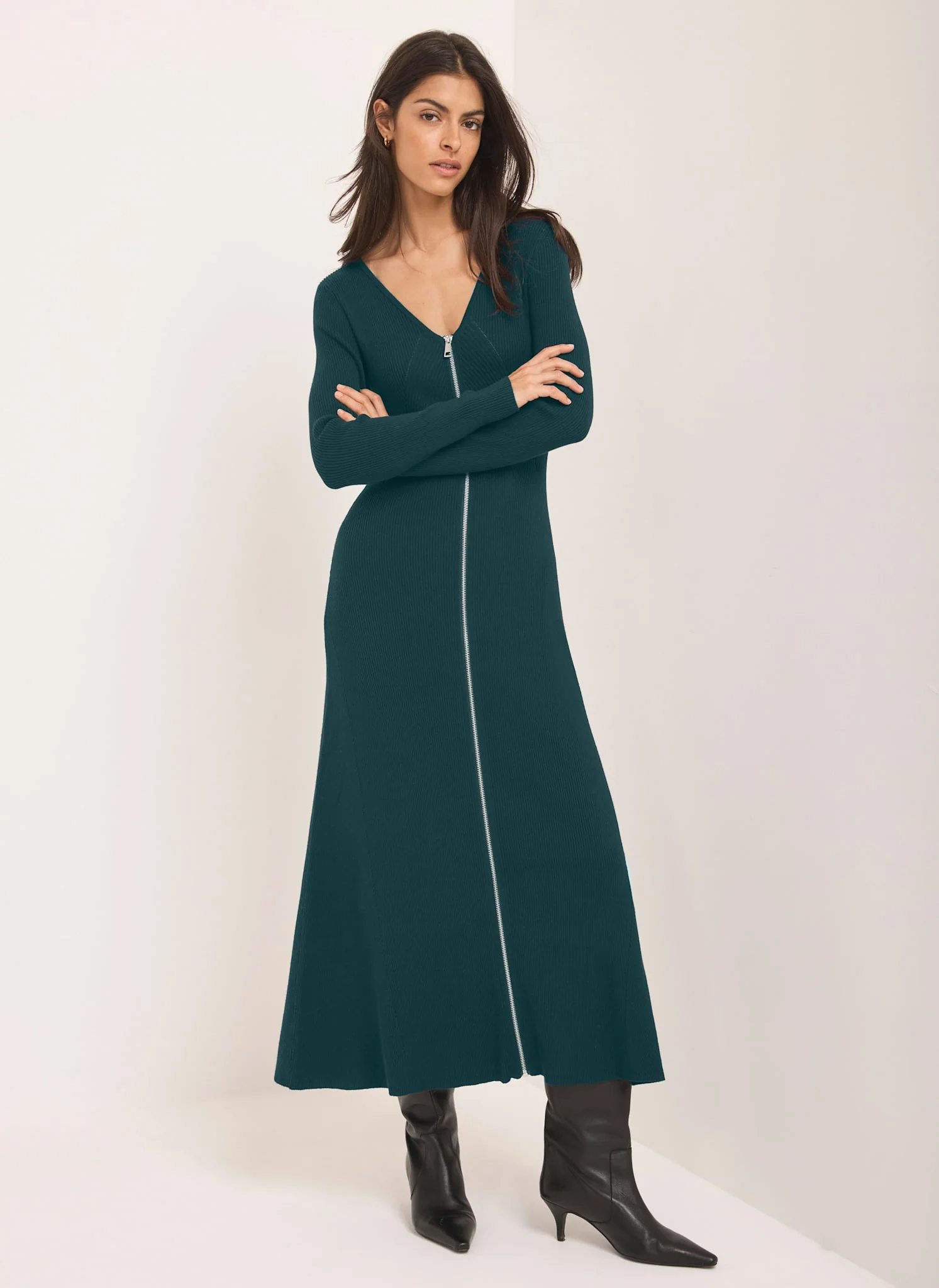 Teal Knit Zip Detail Maxi Dress