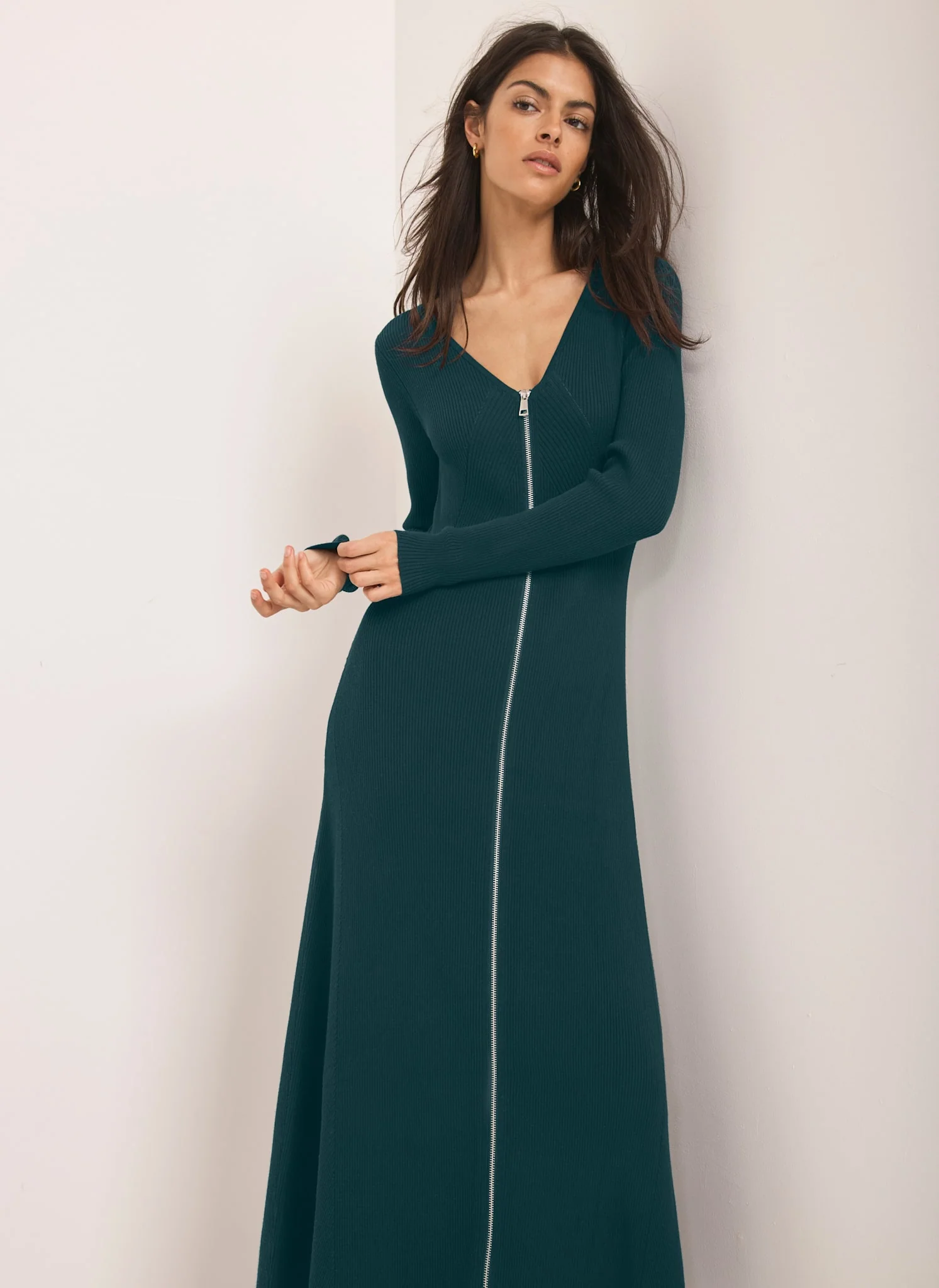Teal Knit Zip Detail Maxi Dress