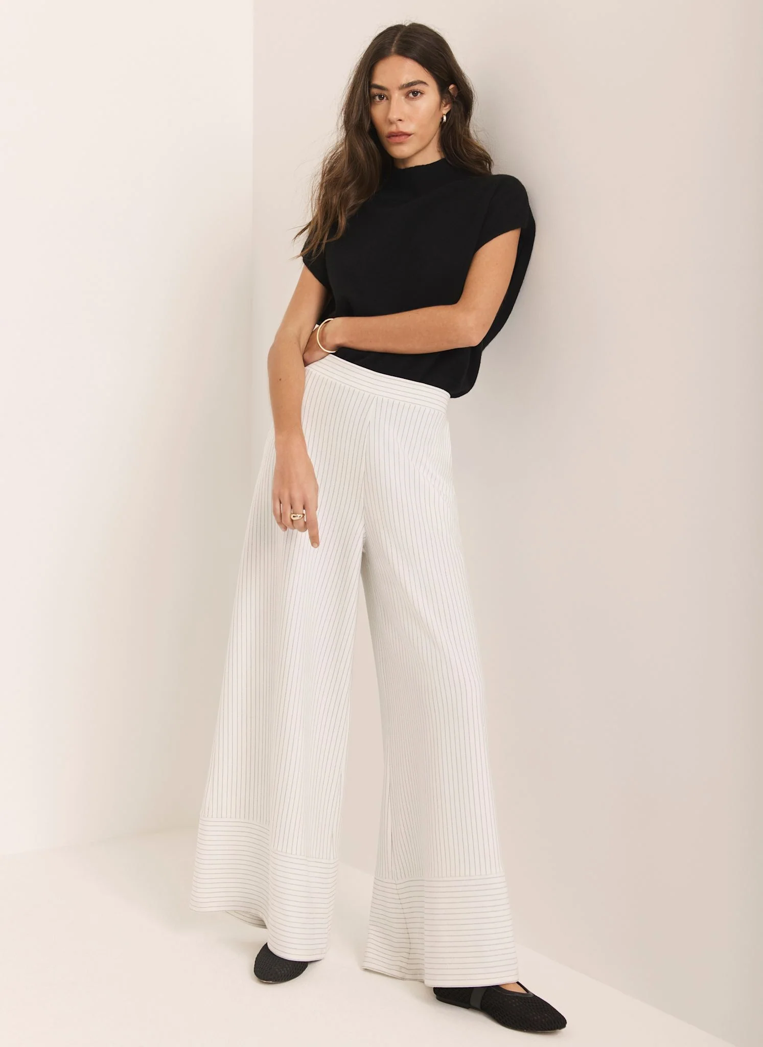 Cream Jersey Pinstripe Wide Trousers