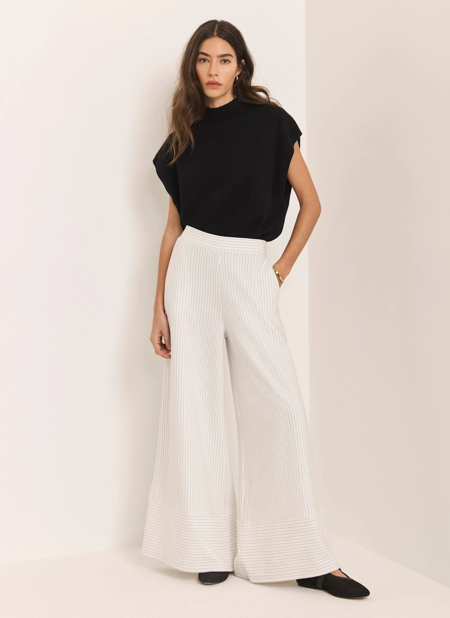 Cream Jersey Pinstripe Wide Trousers