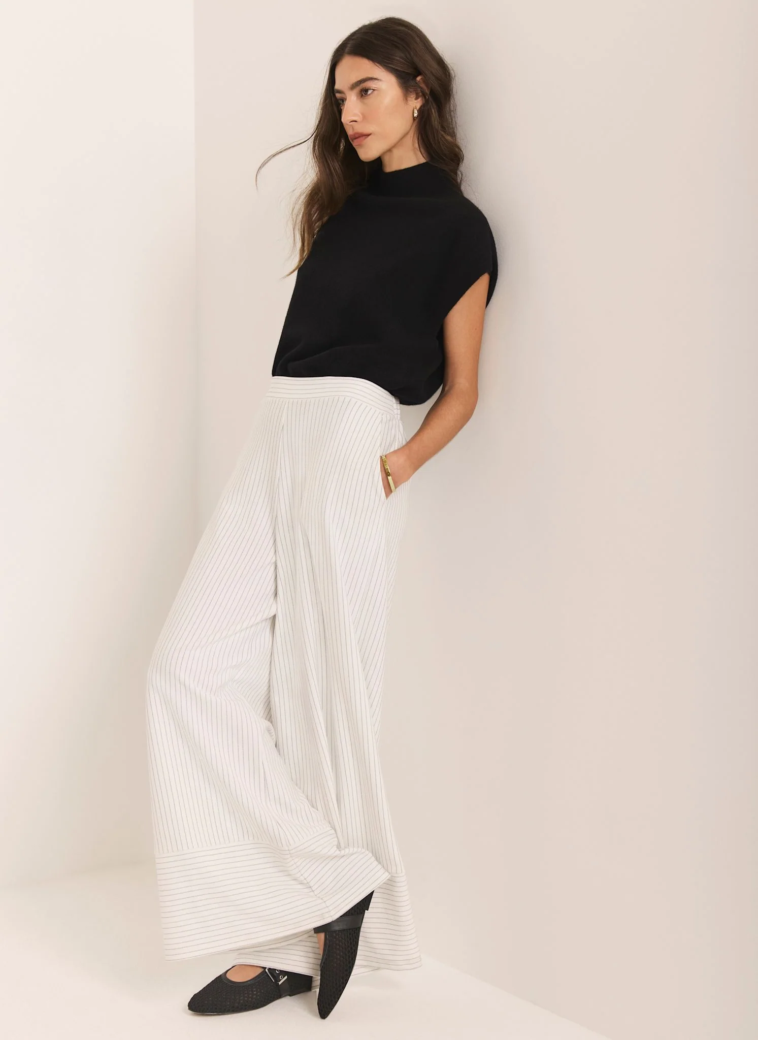 Cream Jersey Pinstripe Wide Trousers
