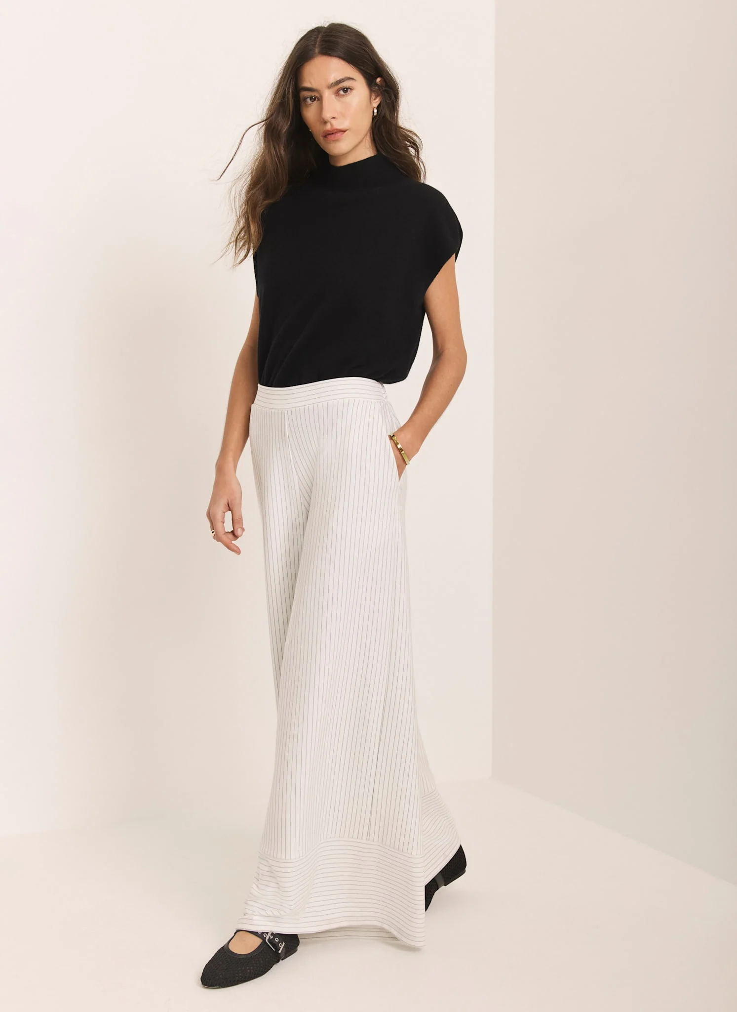 Cream Jersey Pinstripe Wide Trousers