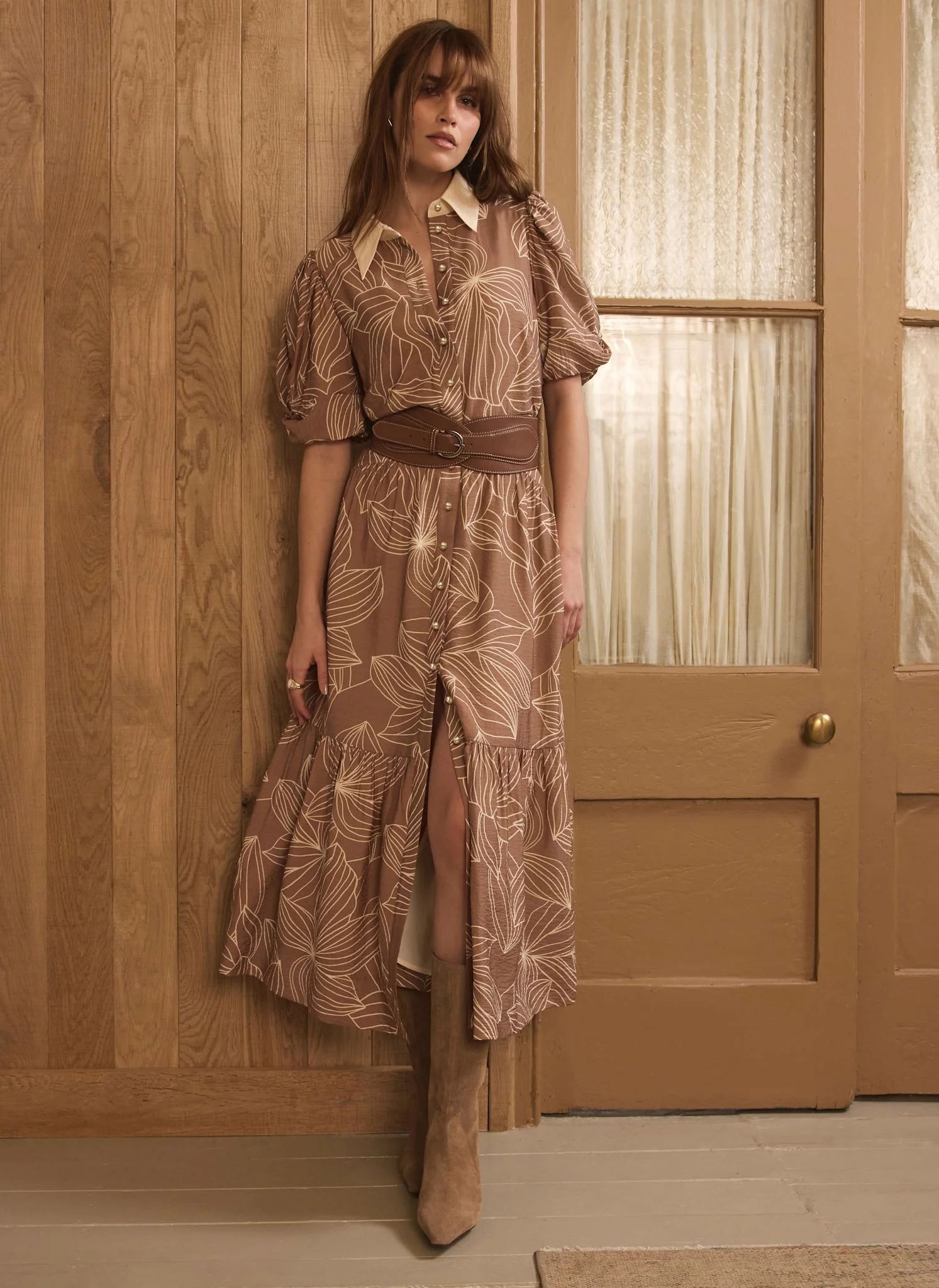 12099-brown-floral-print-maxi-shirt-dress-1.webp Brown Floral Print Maxi Shirt Dress