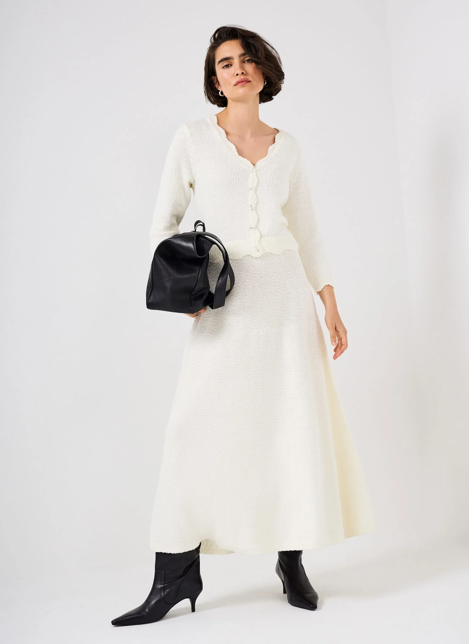 Cream Boucle Knit Midi Dress