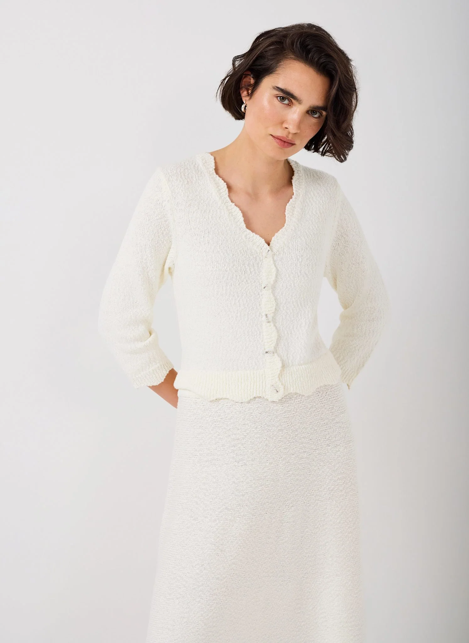 Cream Boucle Knit Midi Dress
