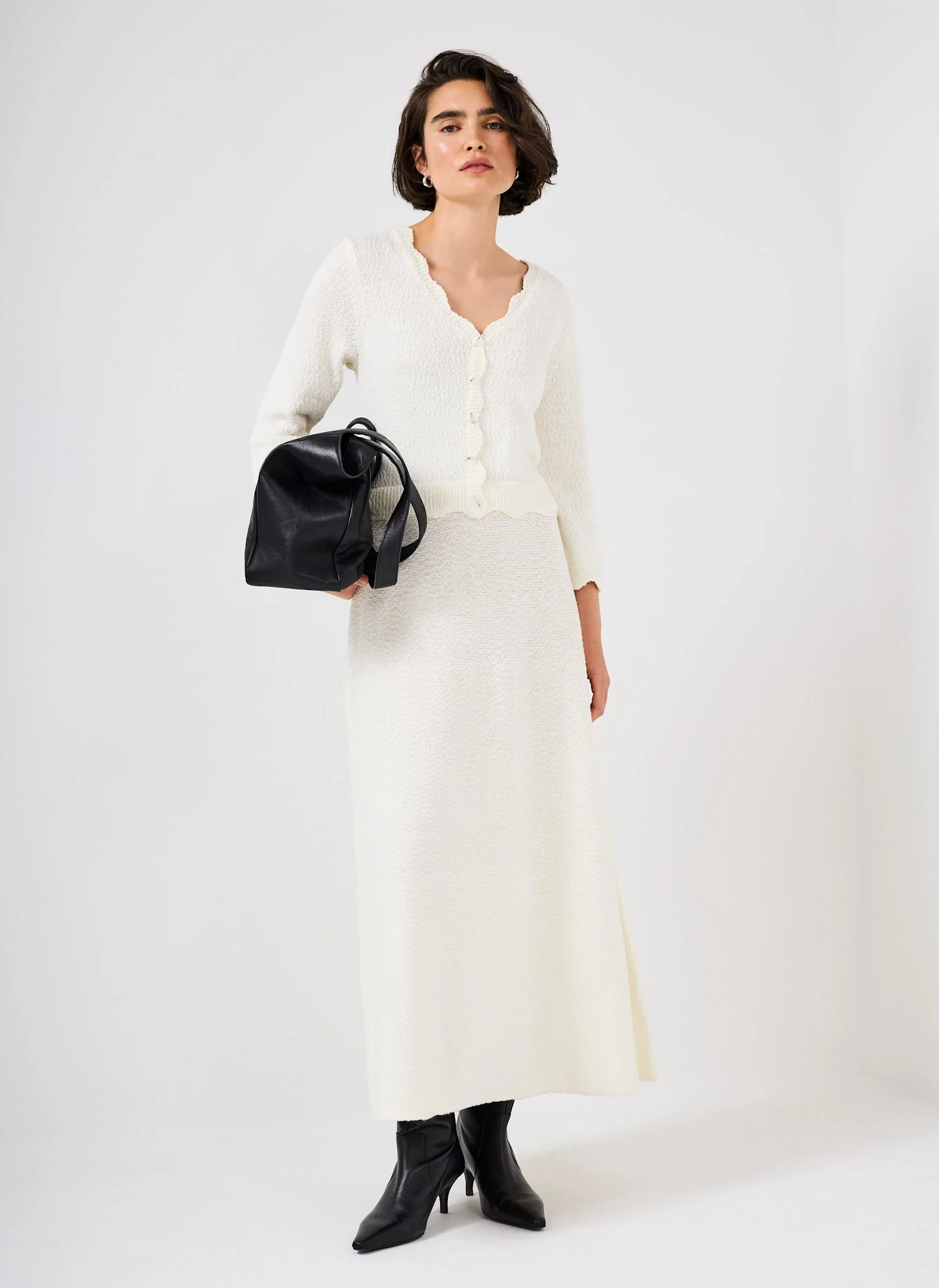 Cream Boucle Knit Midi Dress