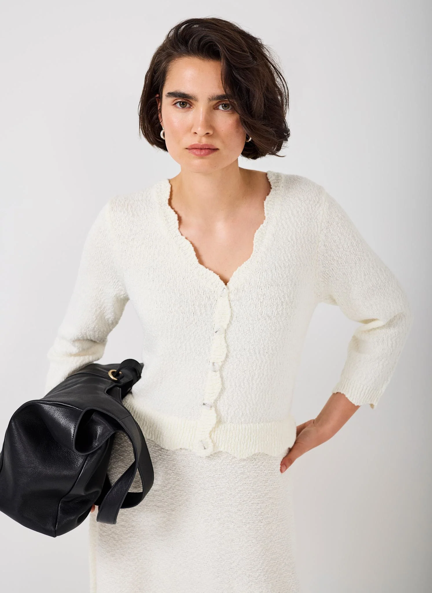 Cream Boucle Knit Midi Dress