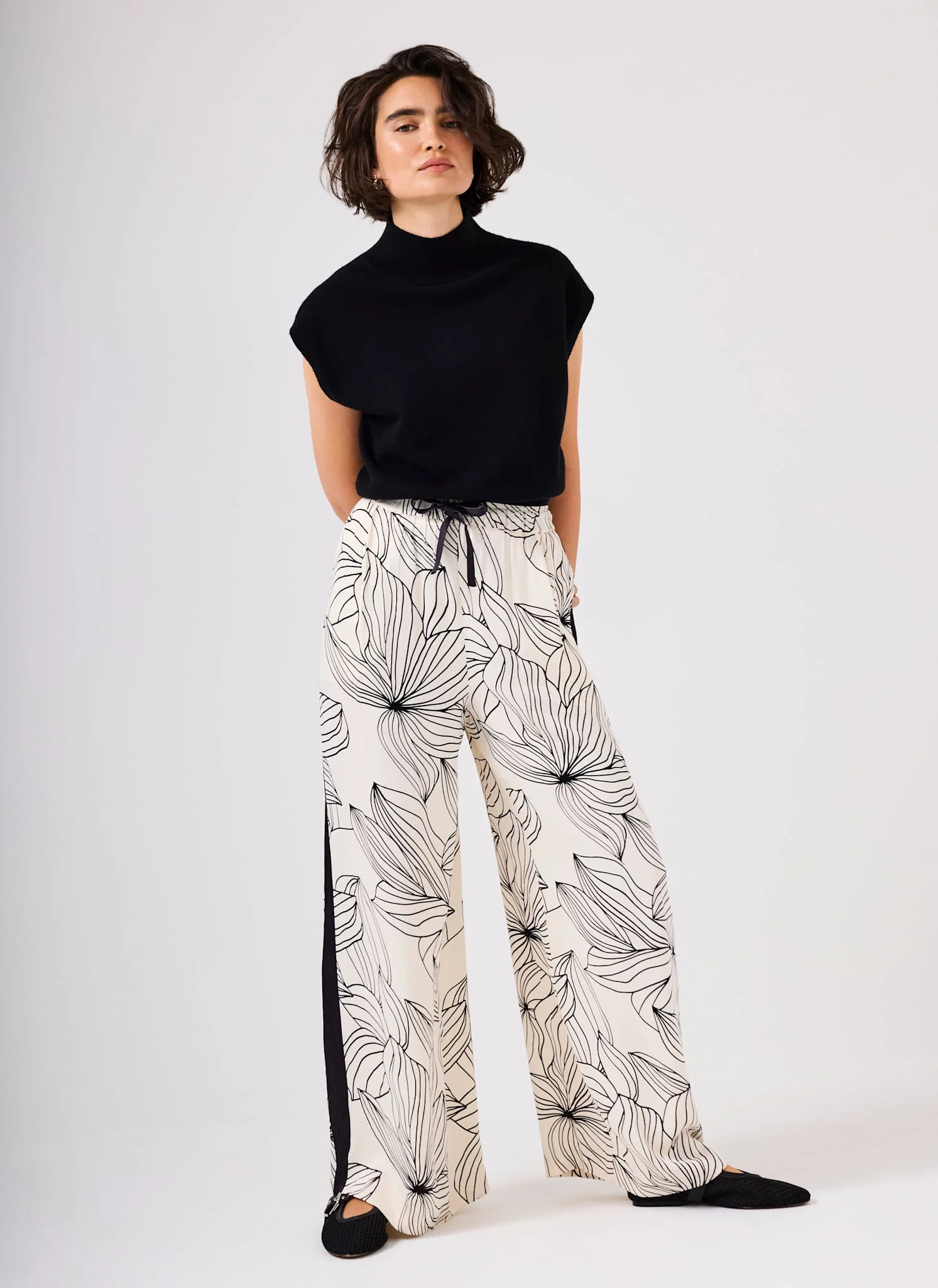 12146-cream-floral-print-wide-satin-trousers-2.webp Cream Floral Print Wide Satin Trousers