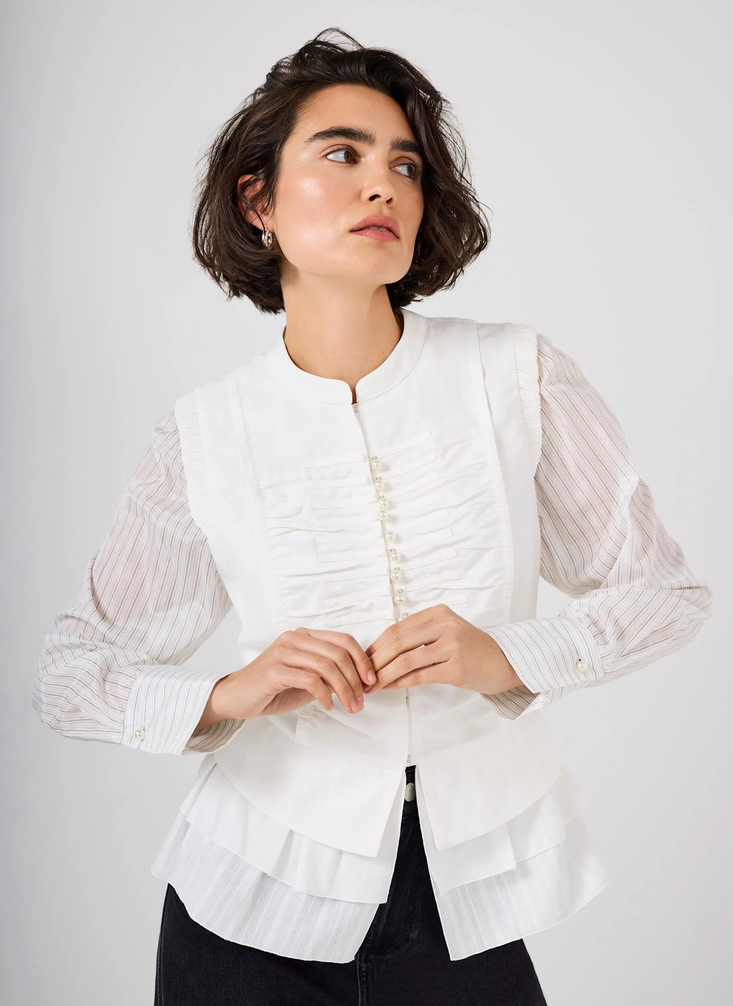 Cream Layered Ruched Detail Shirt