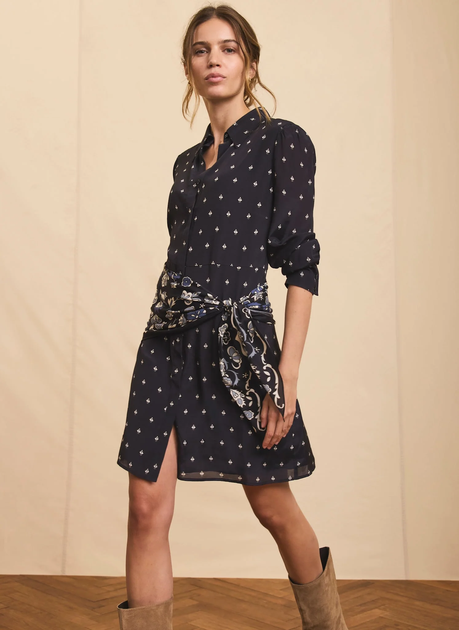 Navy Print Scarf Detail Mini Dress