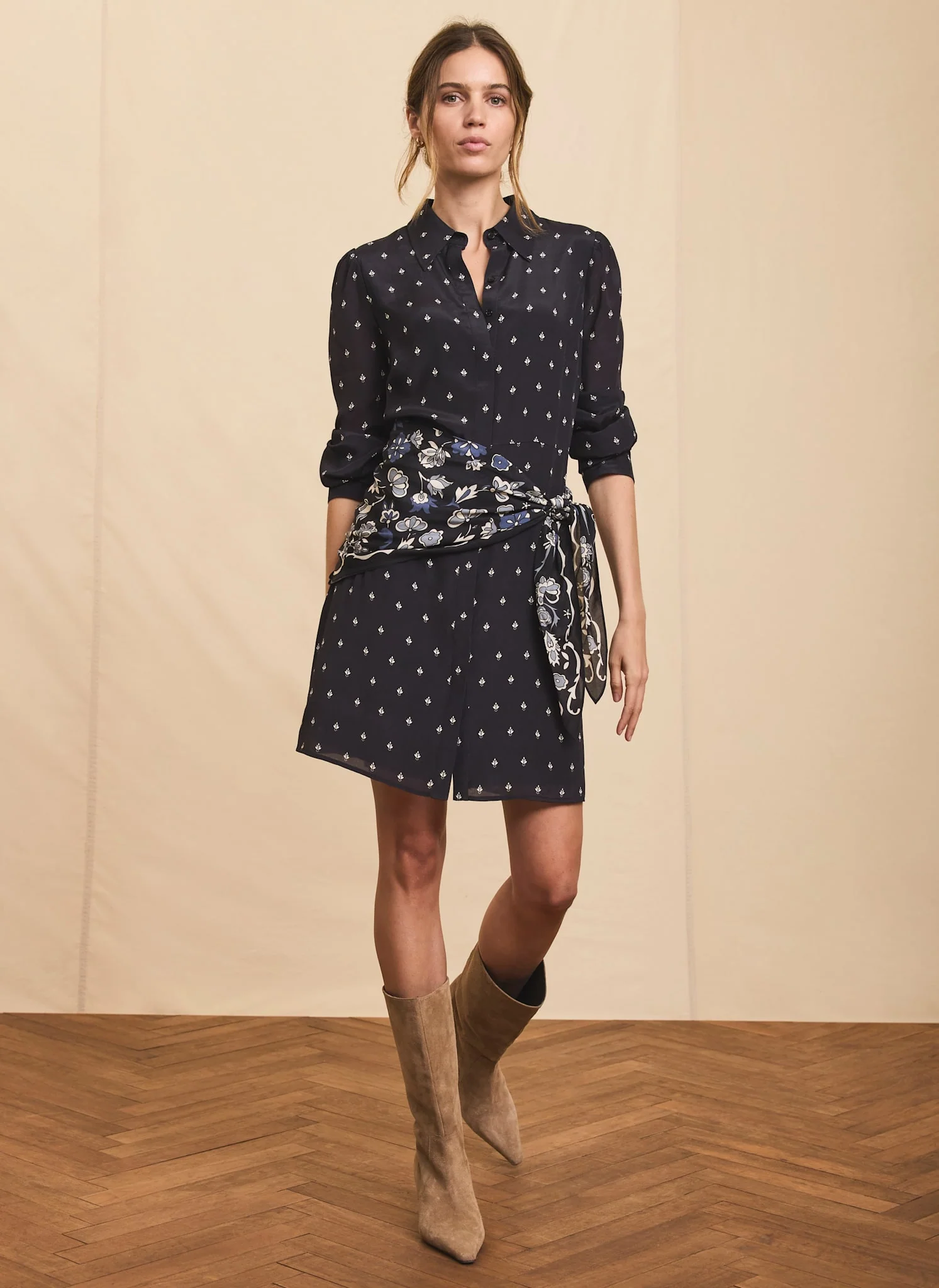 Navy Print Scarf Detail Mini Dress