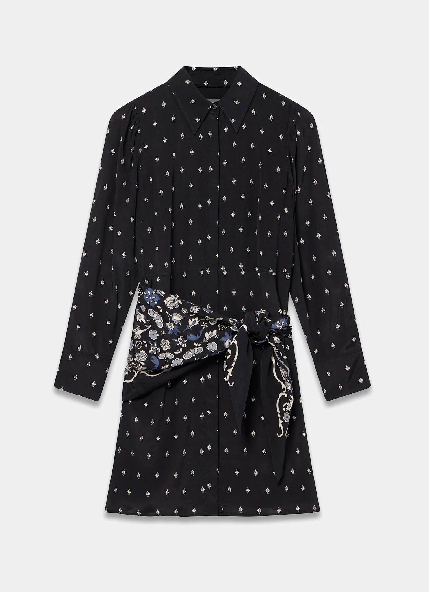 Navy Print Scarf Detail Mini Dress