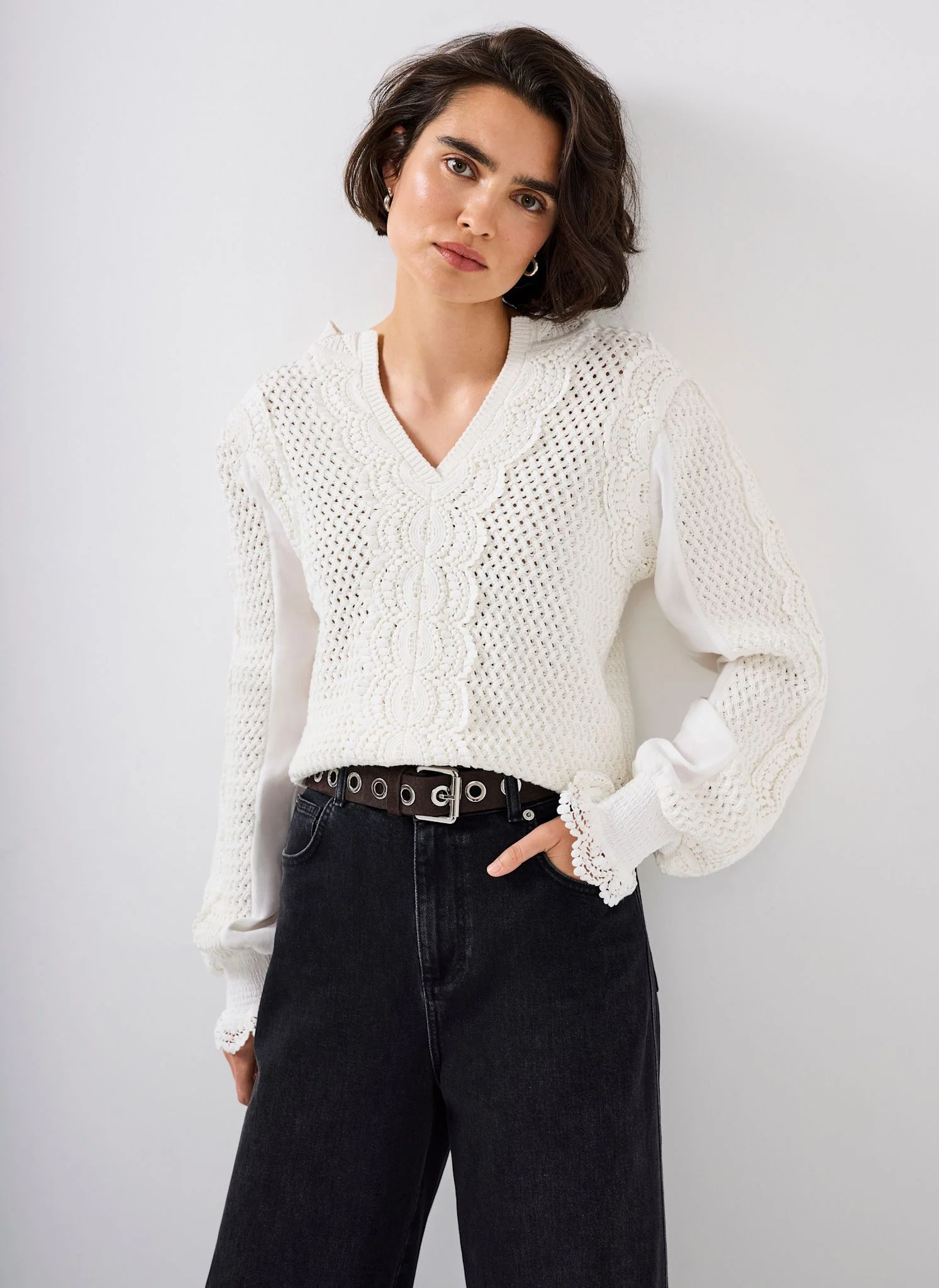 12318-white-cotton-blend-crochet-detail-jumper-1.webp White Cotton Blend Crochet Detail Jumper