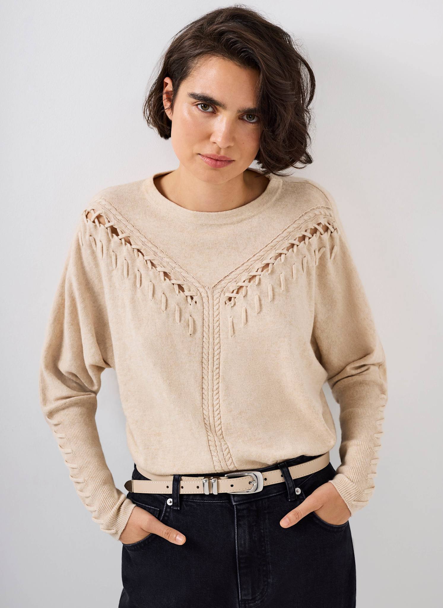 12338-neutral-cotton-blend-stitch-detail-jumper-2.jpg Neutral Cotton Blend Stitch Detail Jumper