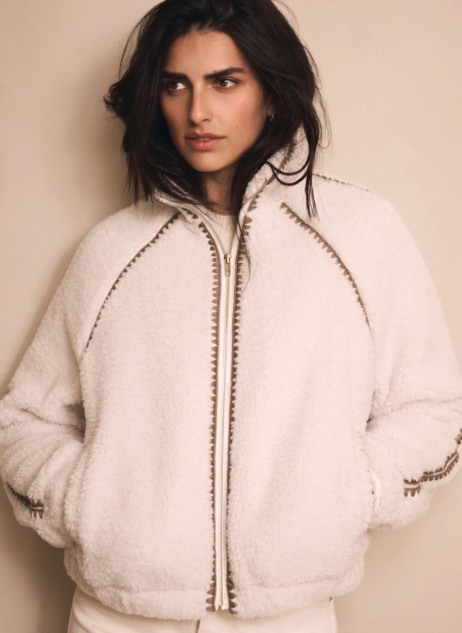 Cream Whipstitch Detail Borg Jacket