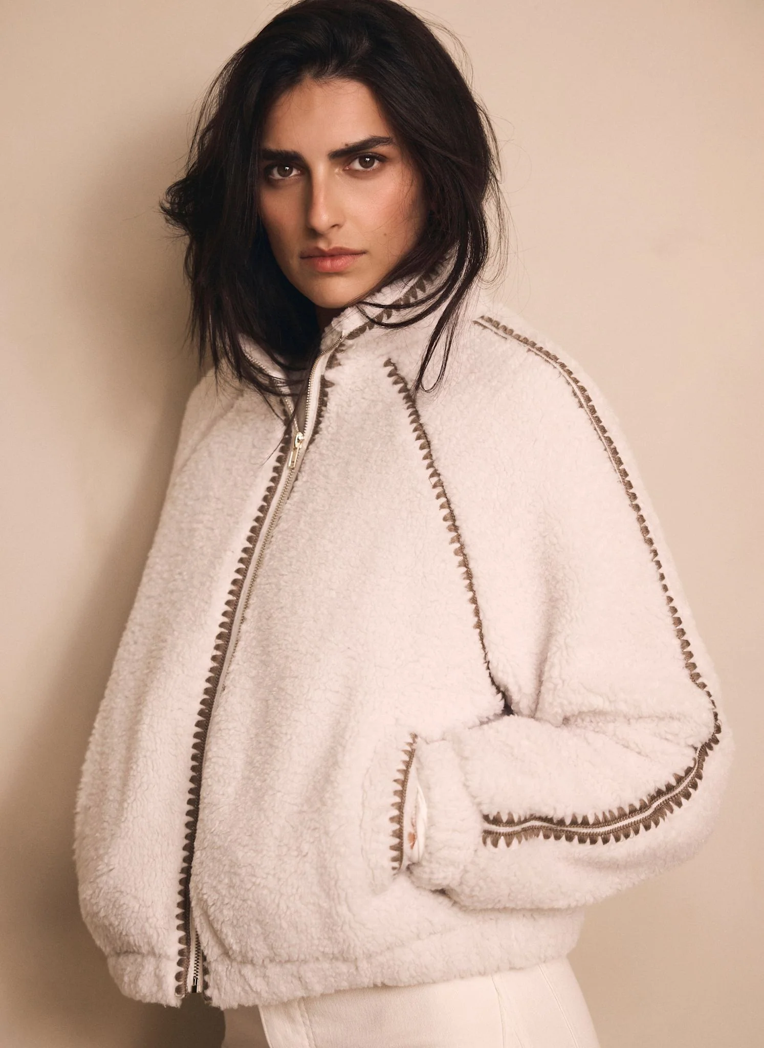 Cream Whipstitch Detail Borg Jacket