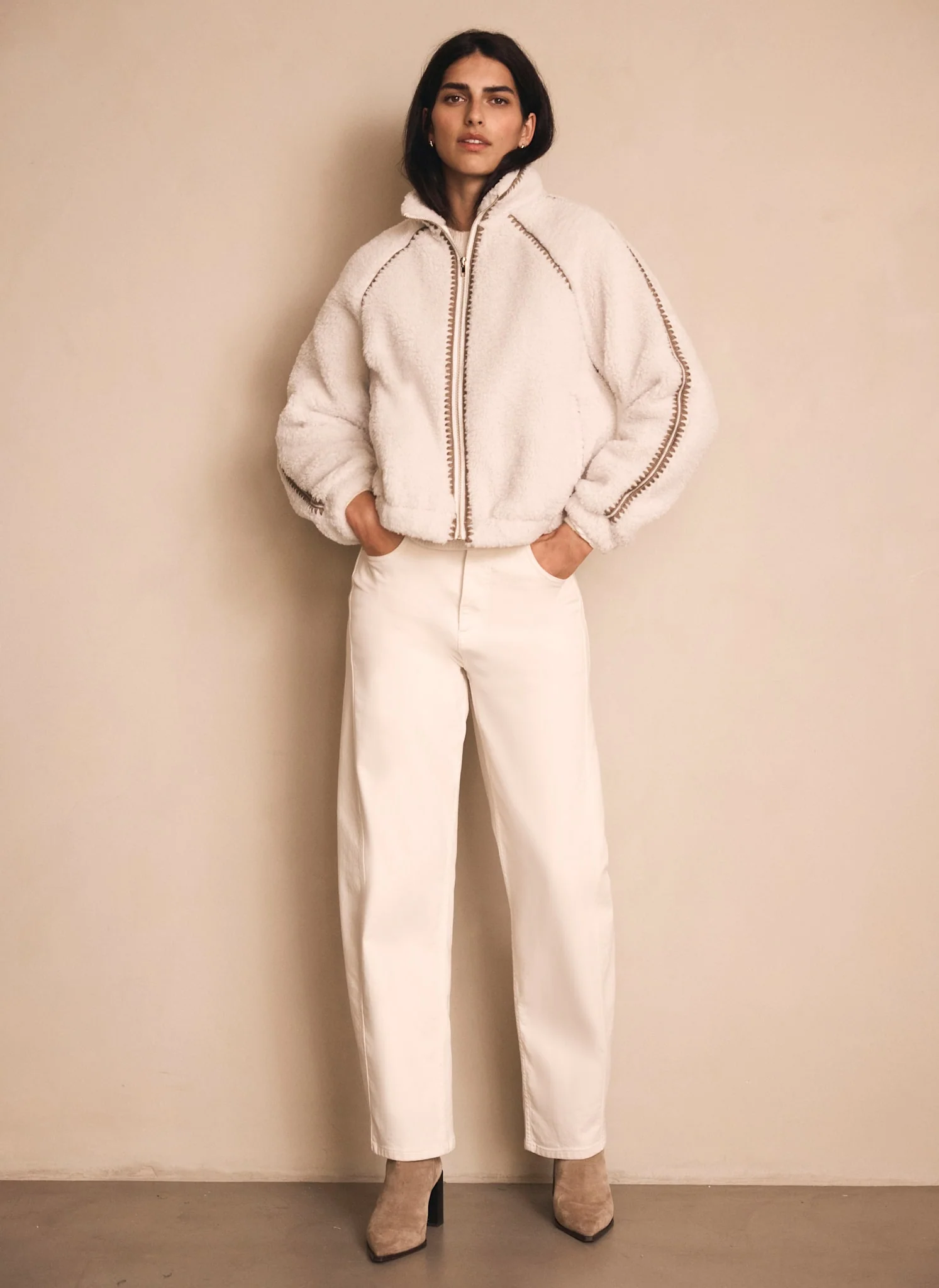 Cream Whipstitch Detail Borg Jacket