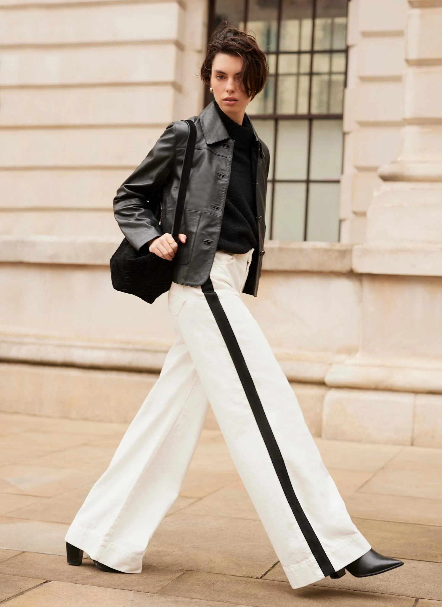 Cream Side Stripe Wide Jeans