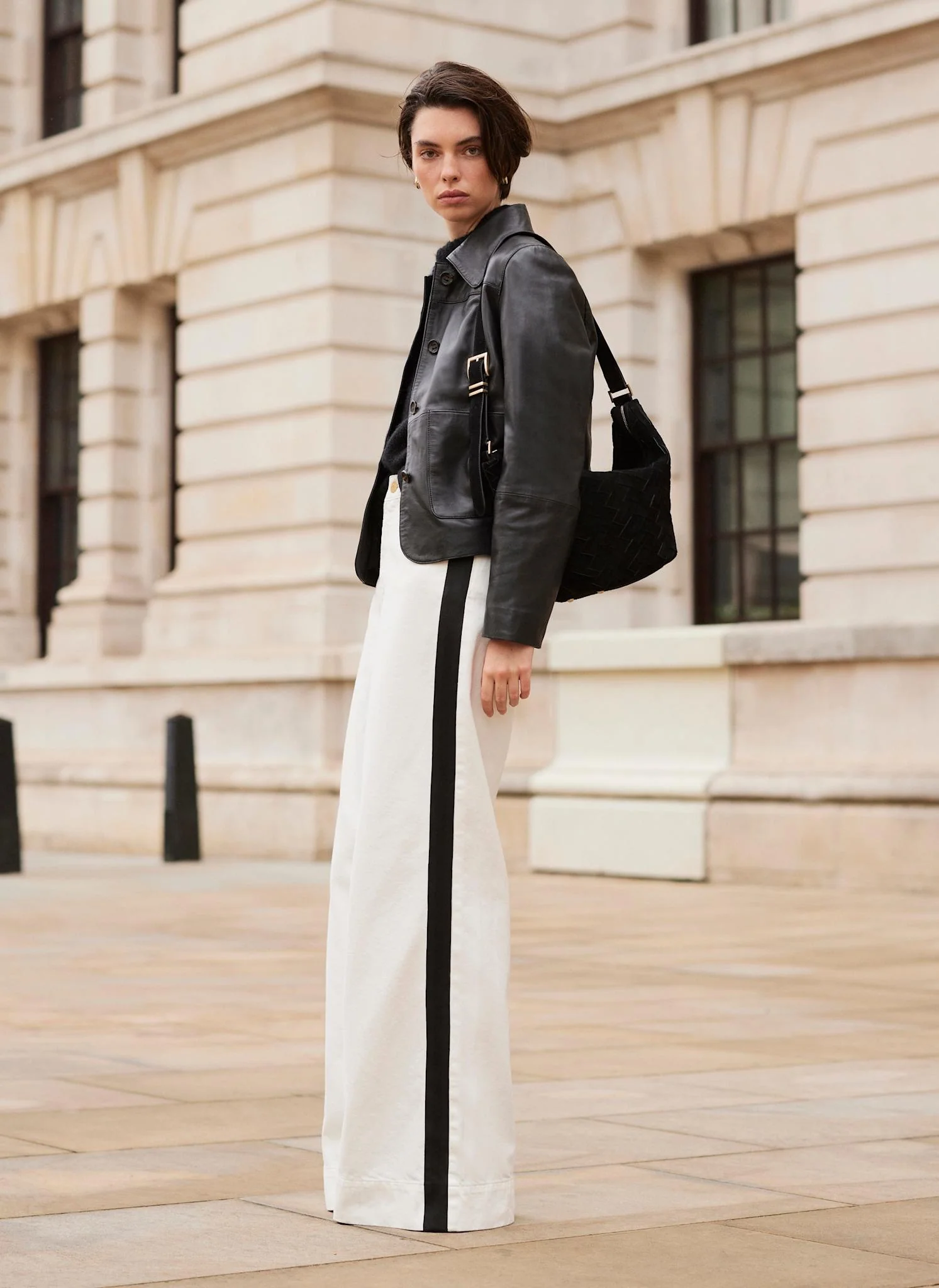 Cream Side Stripe Wide Jeans