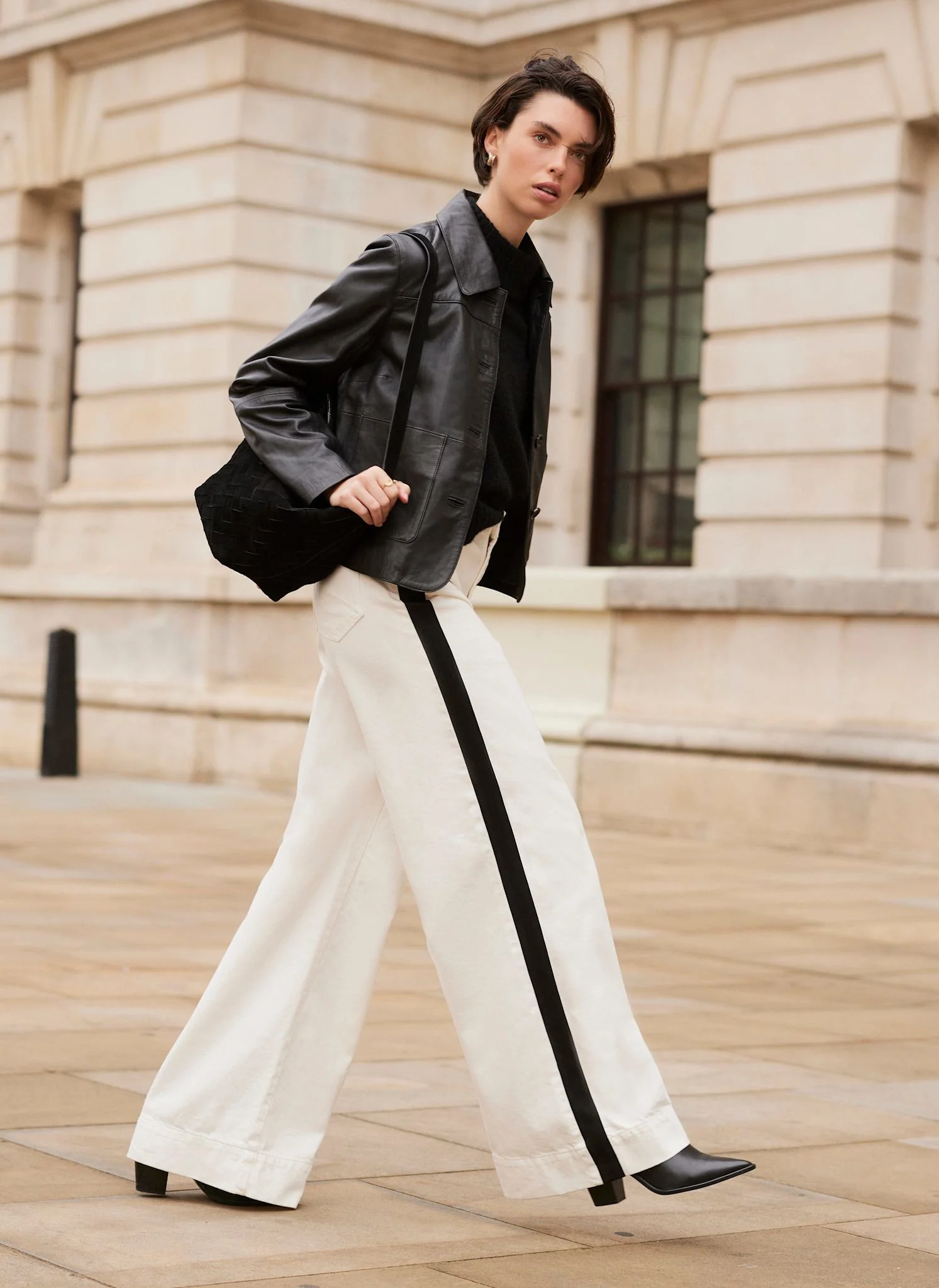 Cream Side Stripe Wide Jeans