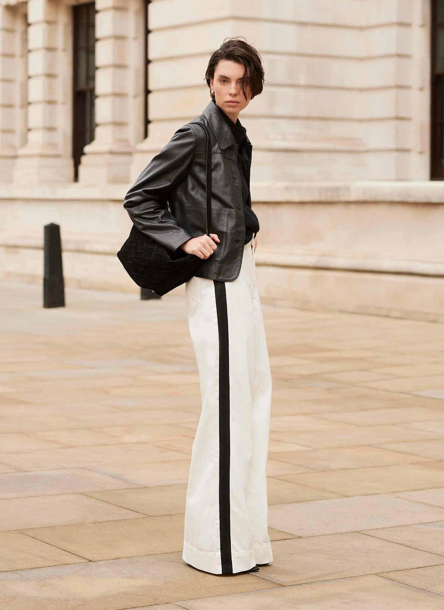 Cream Side Stripe Wide Jeans