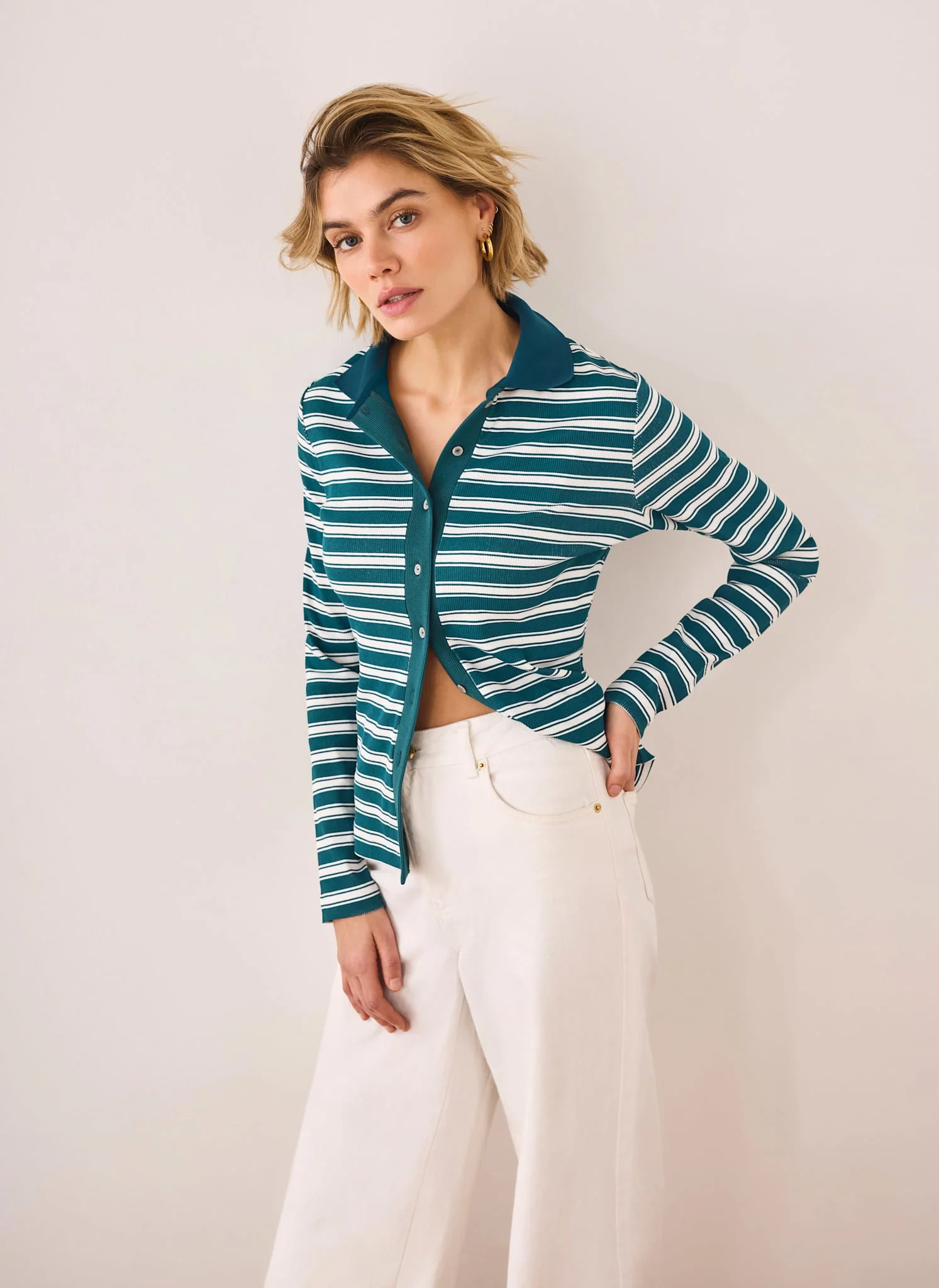 13081-teal-cotton-blend-striped-polo-shirt-1.webp Teal Cotton Blend Striped Polo Shirt