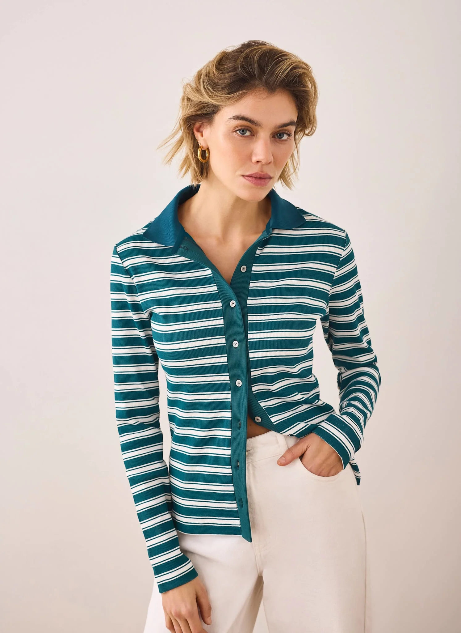 13081-teal-cotton-blend-striped-polo-shirt-2.webp Teal Cotton Blend Striped Polo Shirt