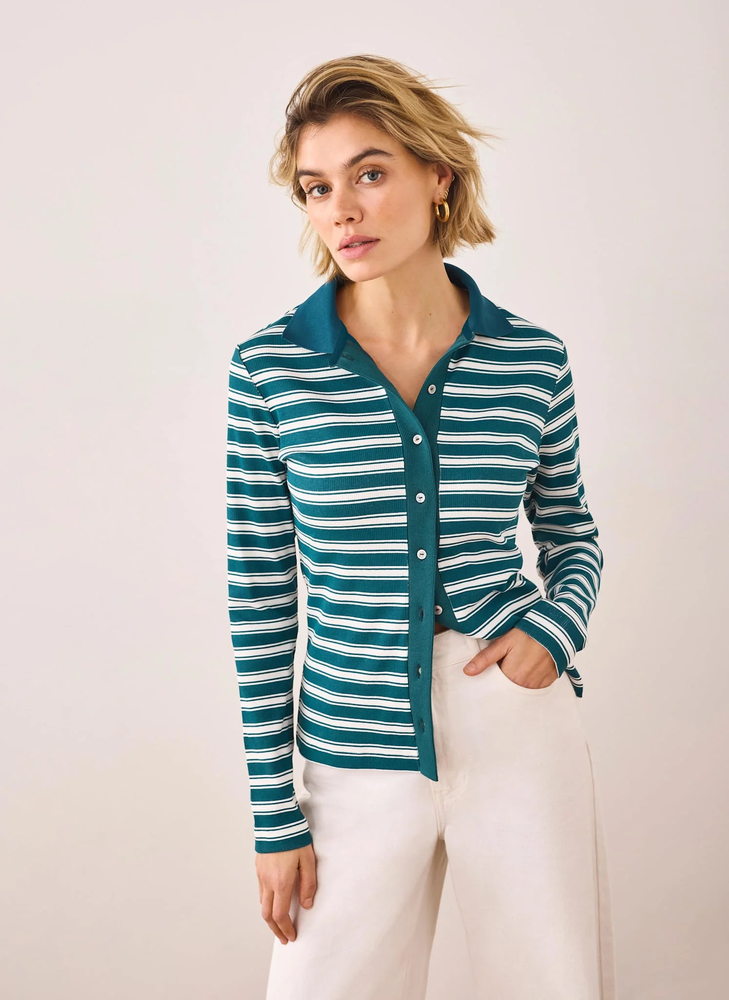 13081-teal-cotton-blend-striped-polo-shirt-4.webp Teal Cotton Blend Striped Polo Shirt