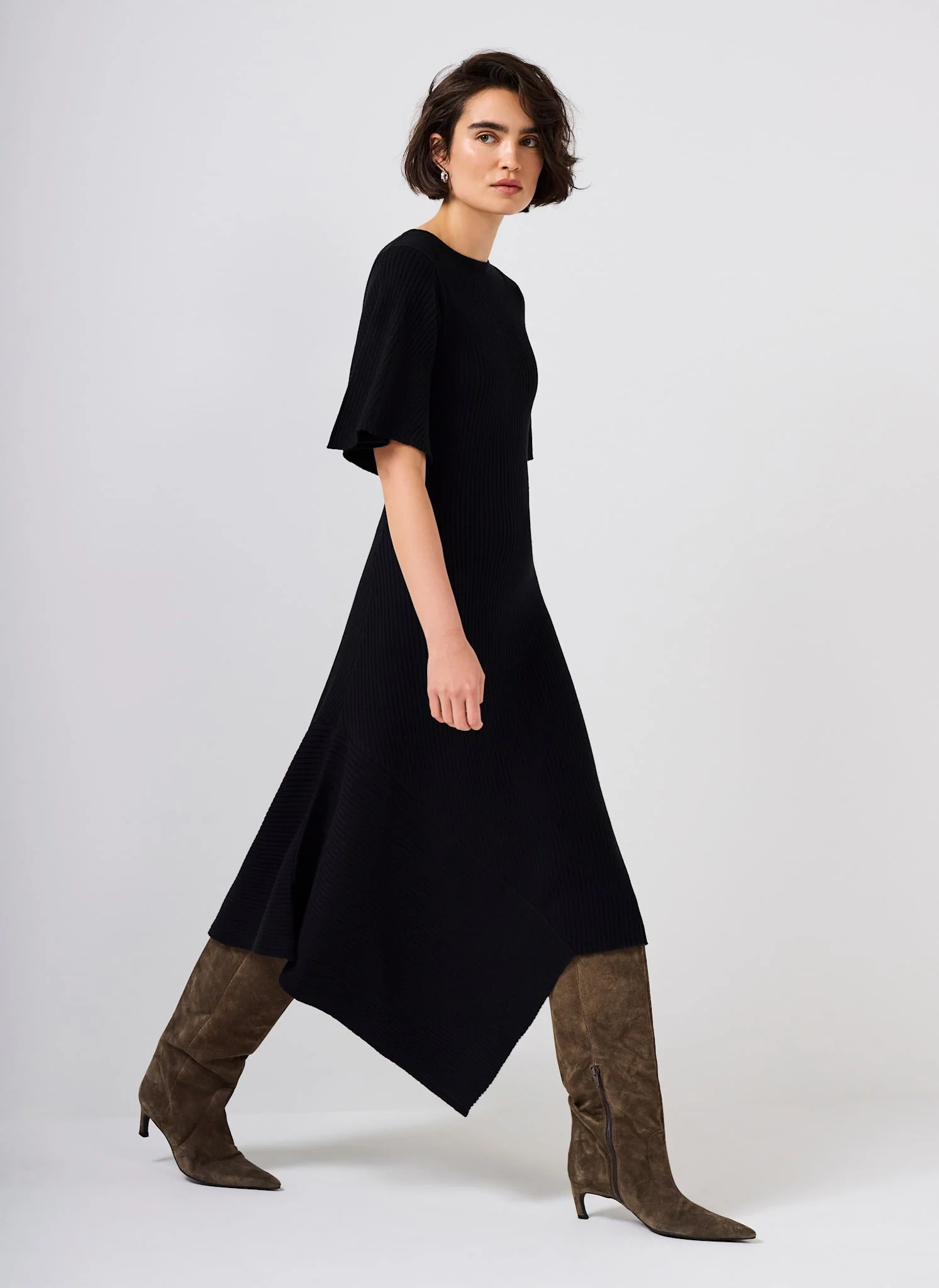 Black Rib Knit Asymmetric Dress