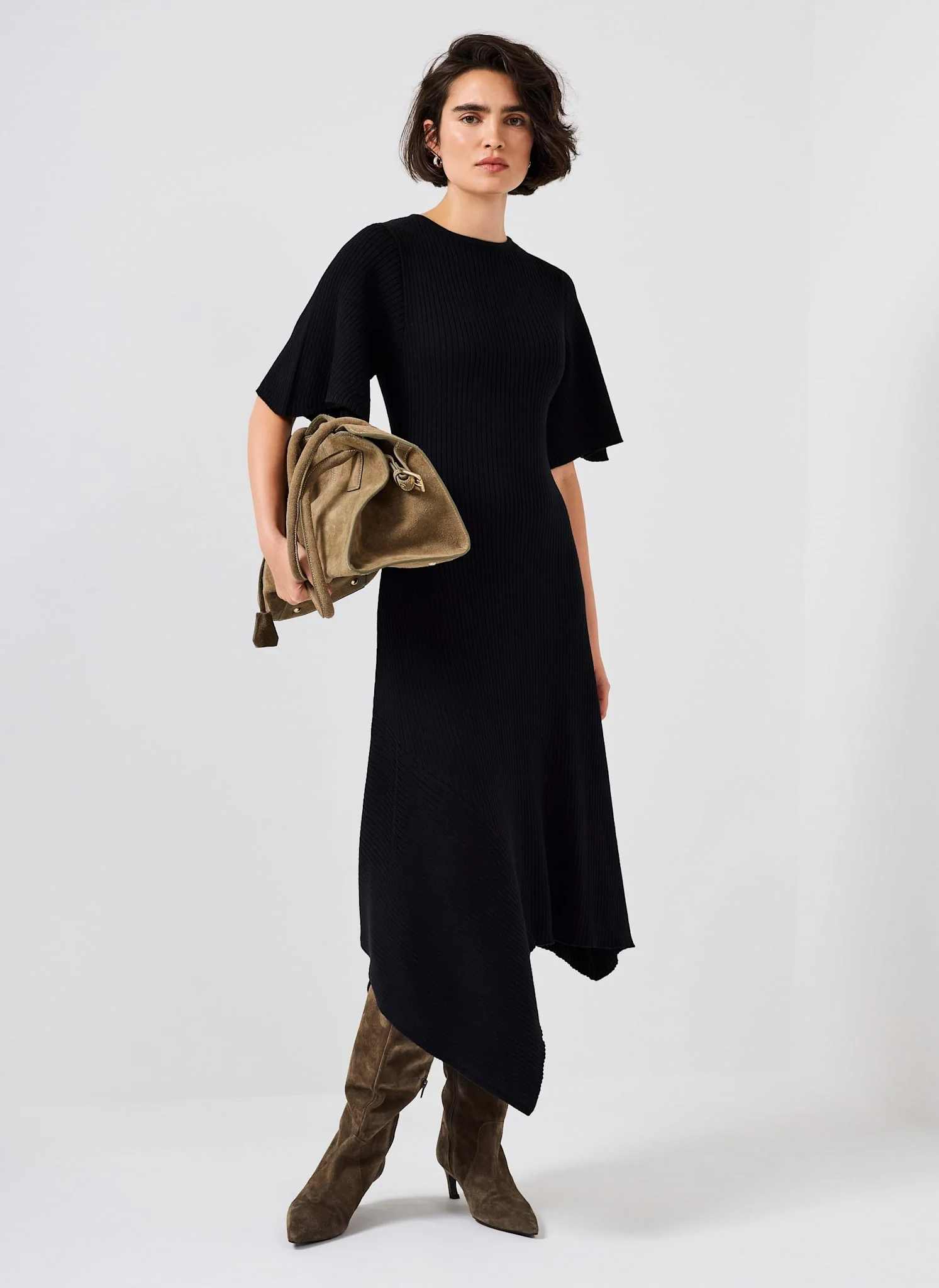 Black Rib Knit Asymmetric Dress
