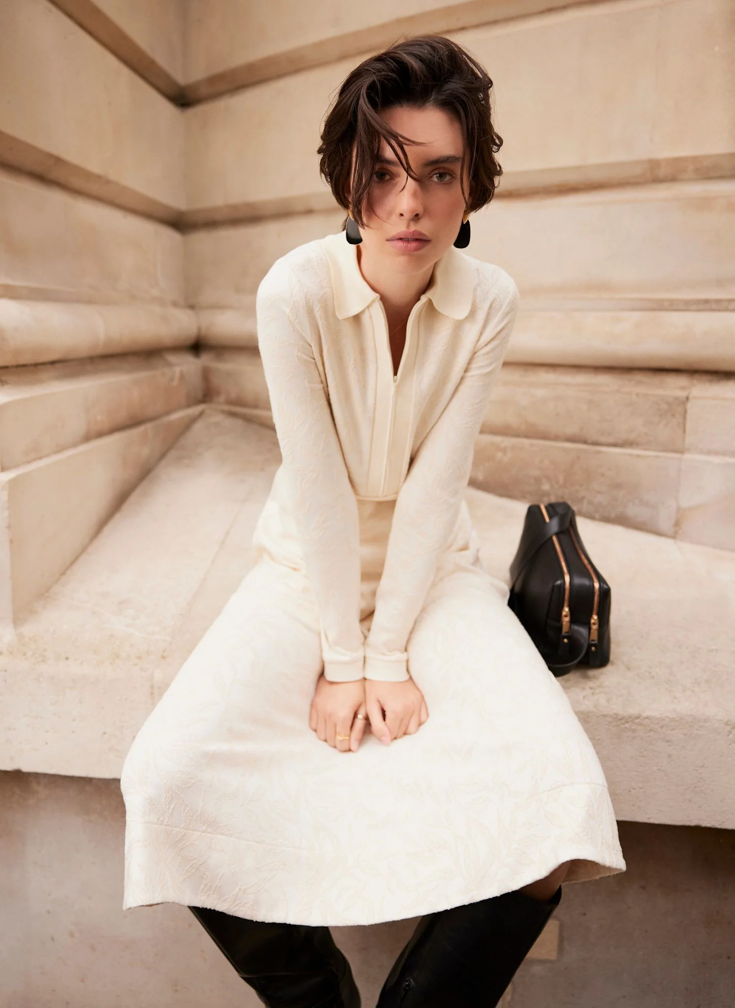 Cream Jacquard Print Midi Dress