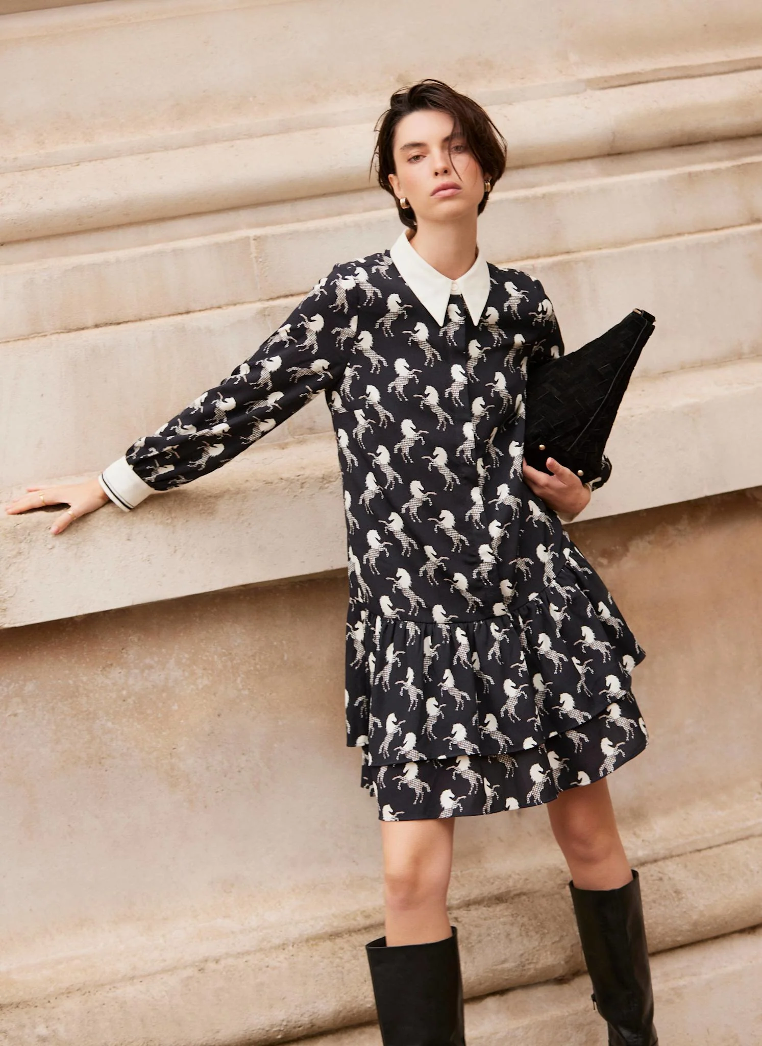 13155-black-horse-print-mini-shirt-dress-1.webp Black Horse Print Mini Shirt Dress