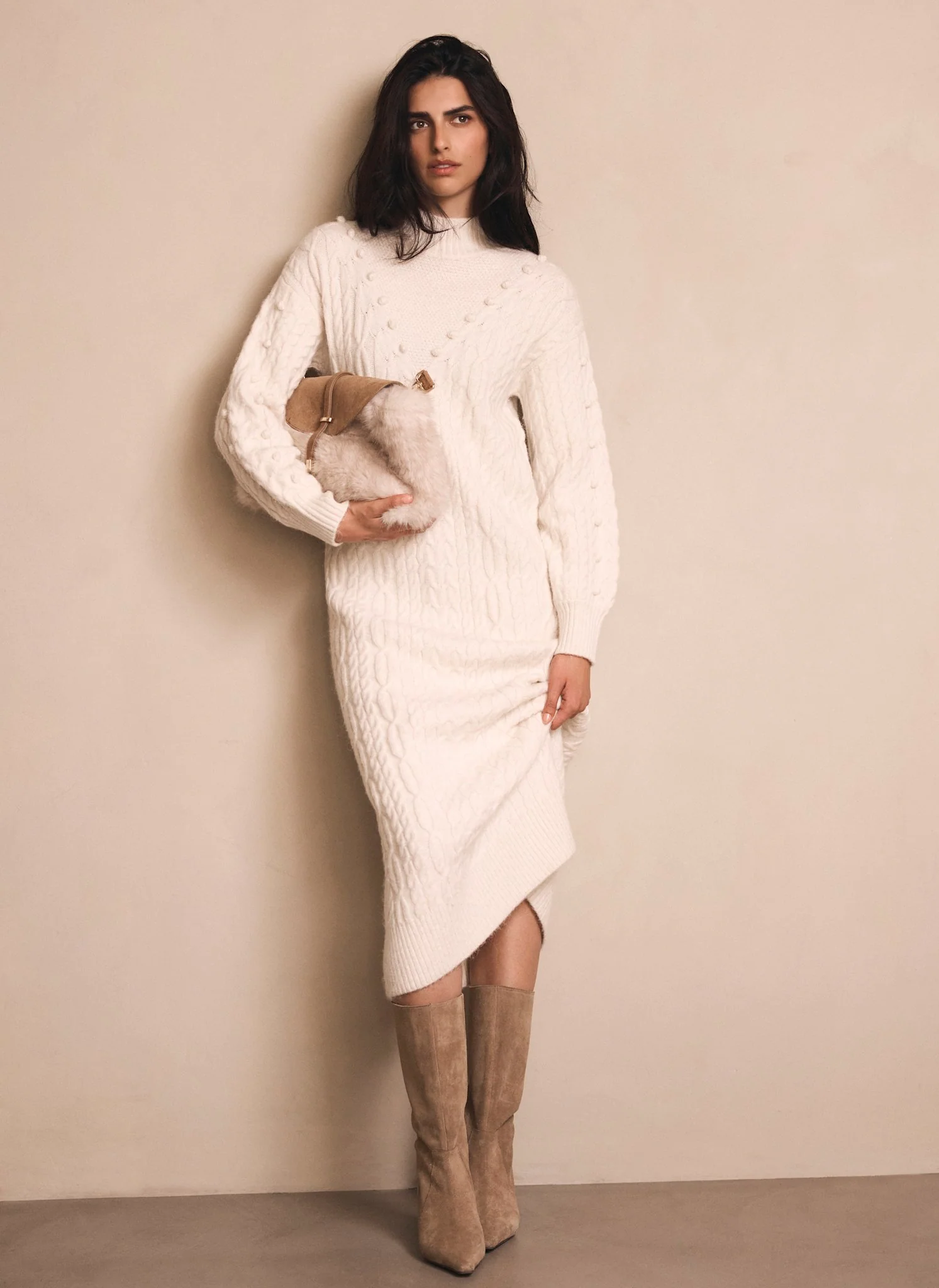 Cream Bobble Detail Knitted Midi Dress