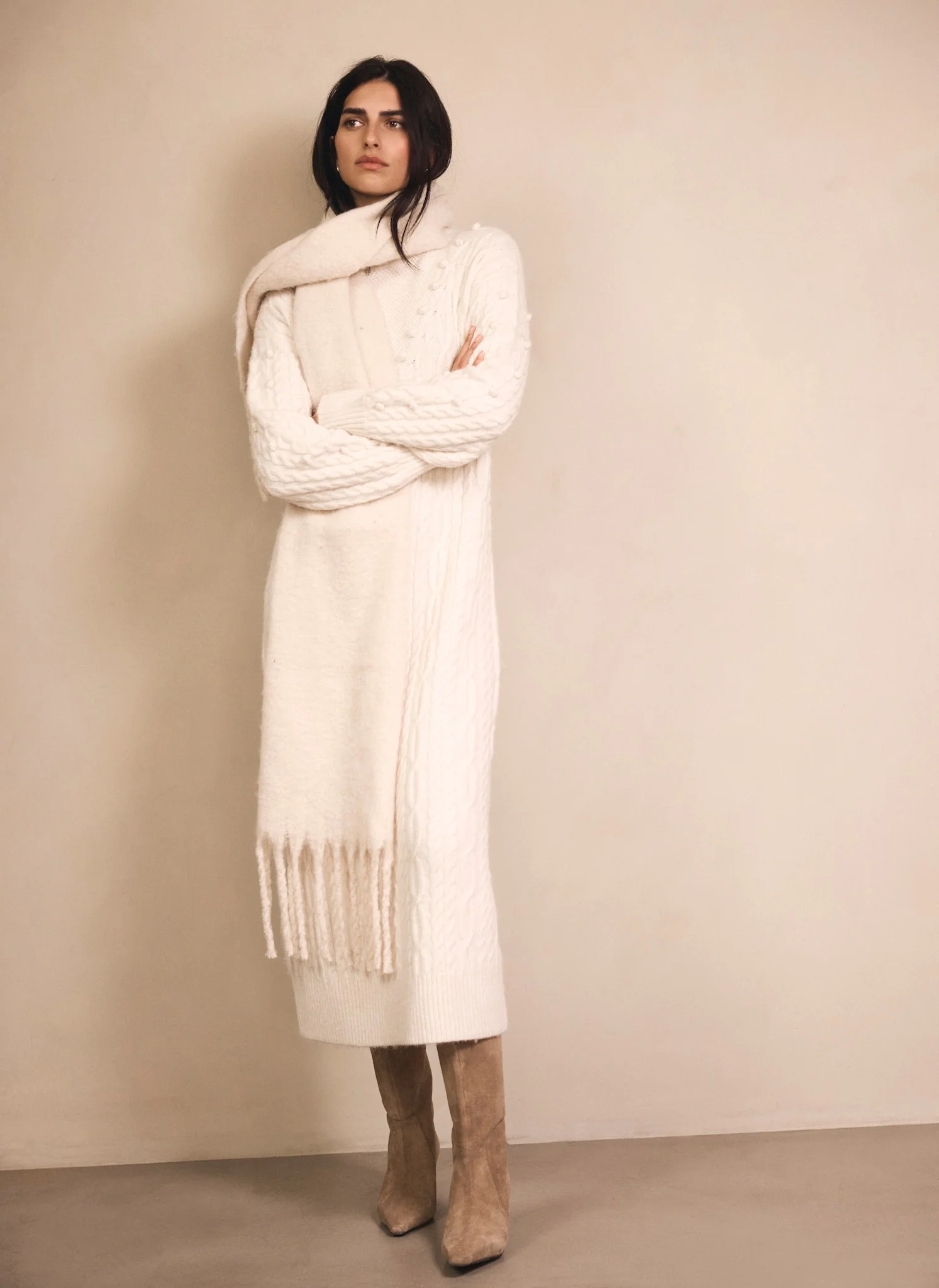 Cream Bobble Detail Knitted Midi Dress