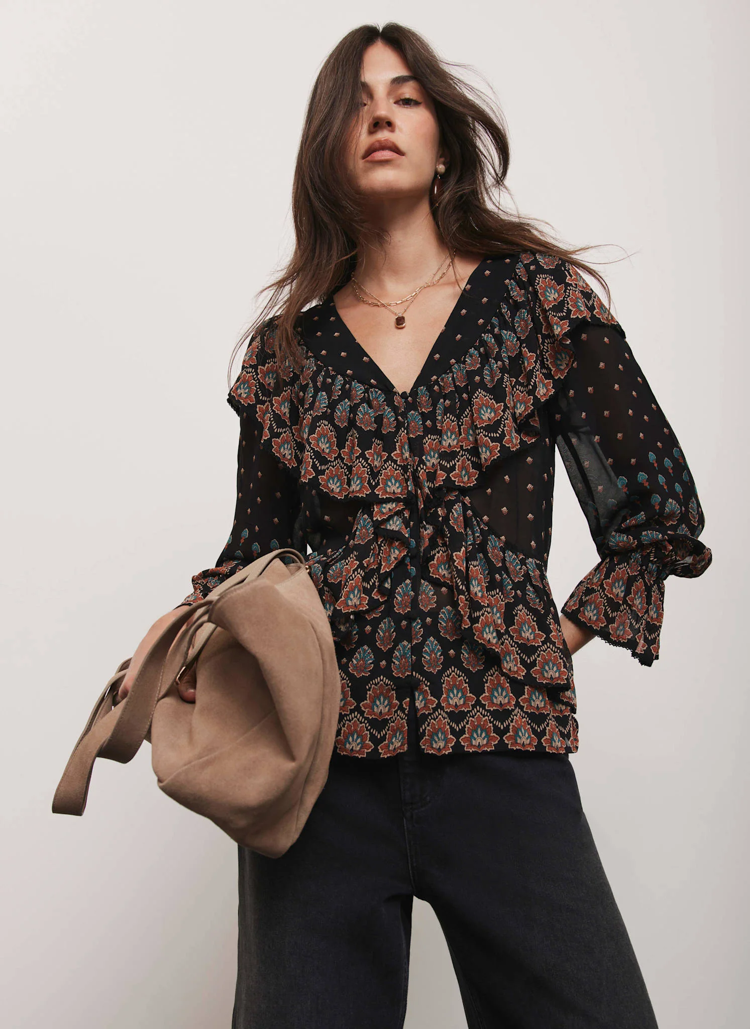 13369-black-boho-print-ruffle-blouse-1.webp Black Boho Print Ruffle Blouse