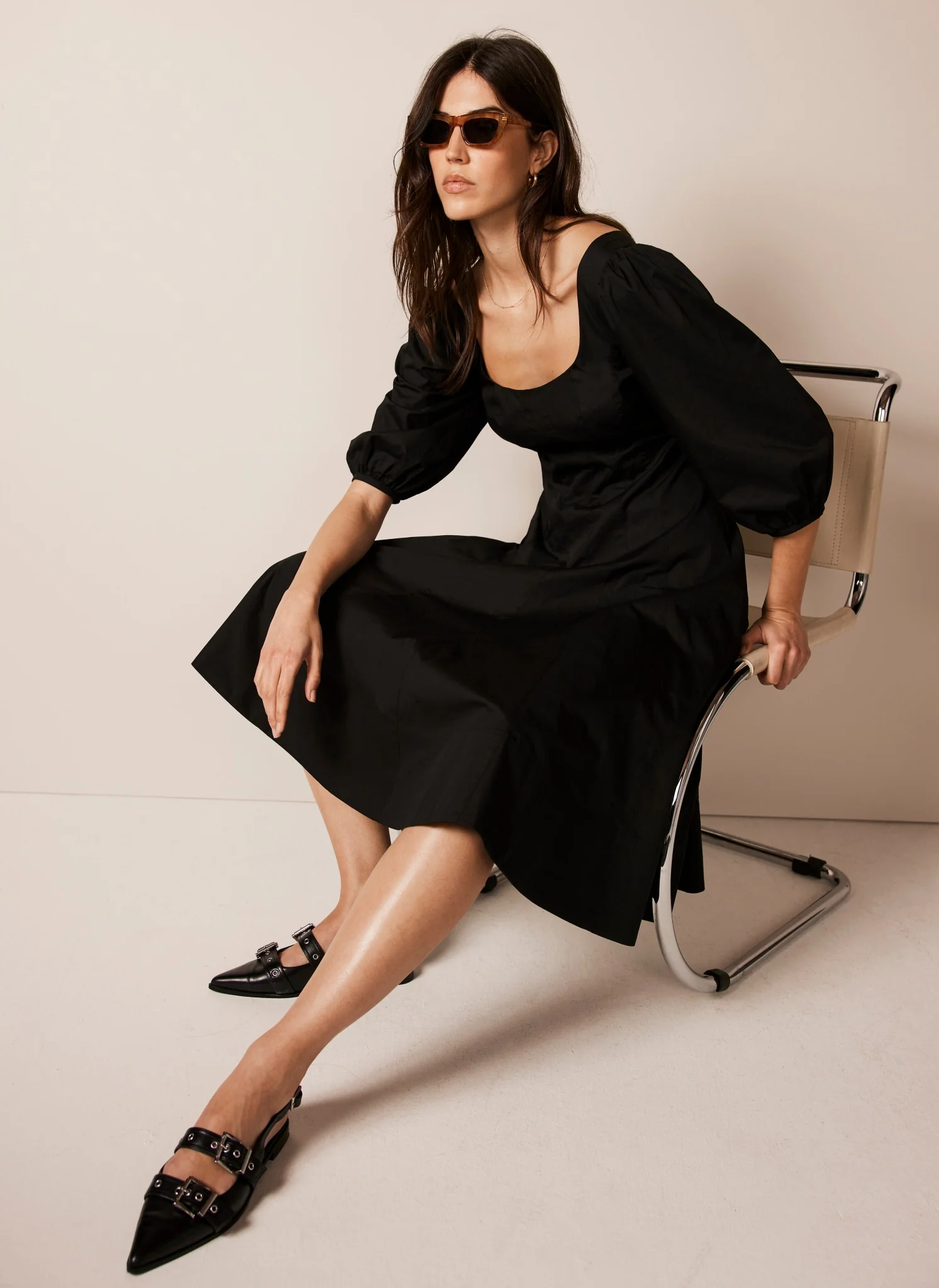 13439-black-cotton-puff-sleeve-midi-dress-2.webp Black Cotton Puff Sleeve Midi Dress