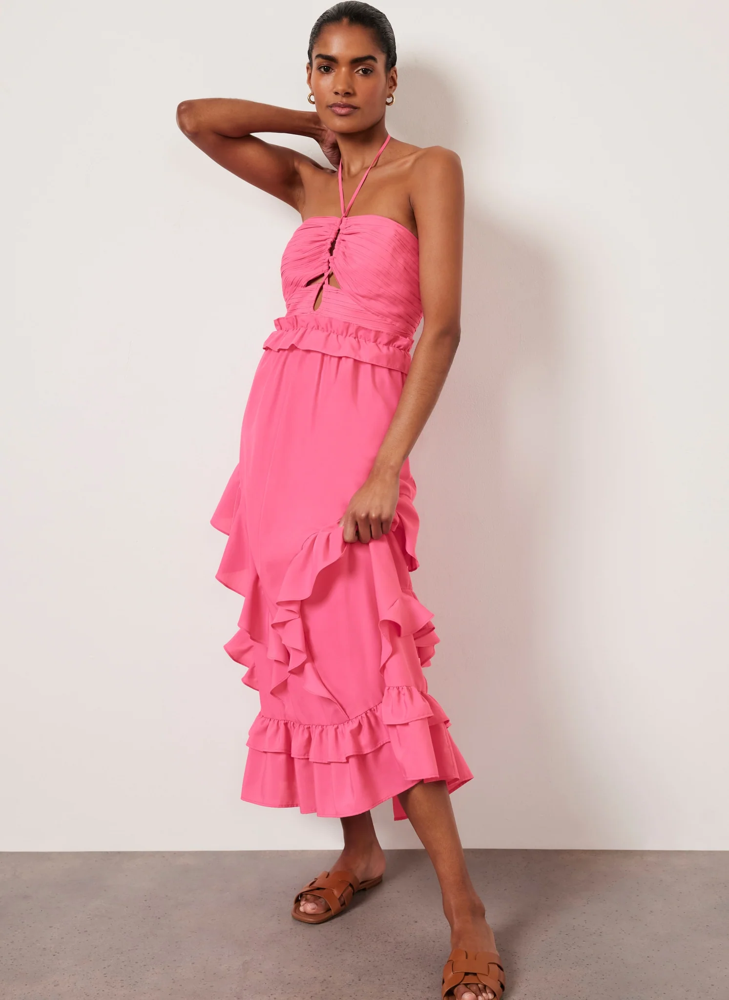 13453-pink-ruffle-halter-midi-dress-1.webp Pink Ruffle Halter Midi Dress