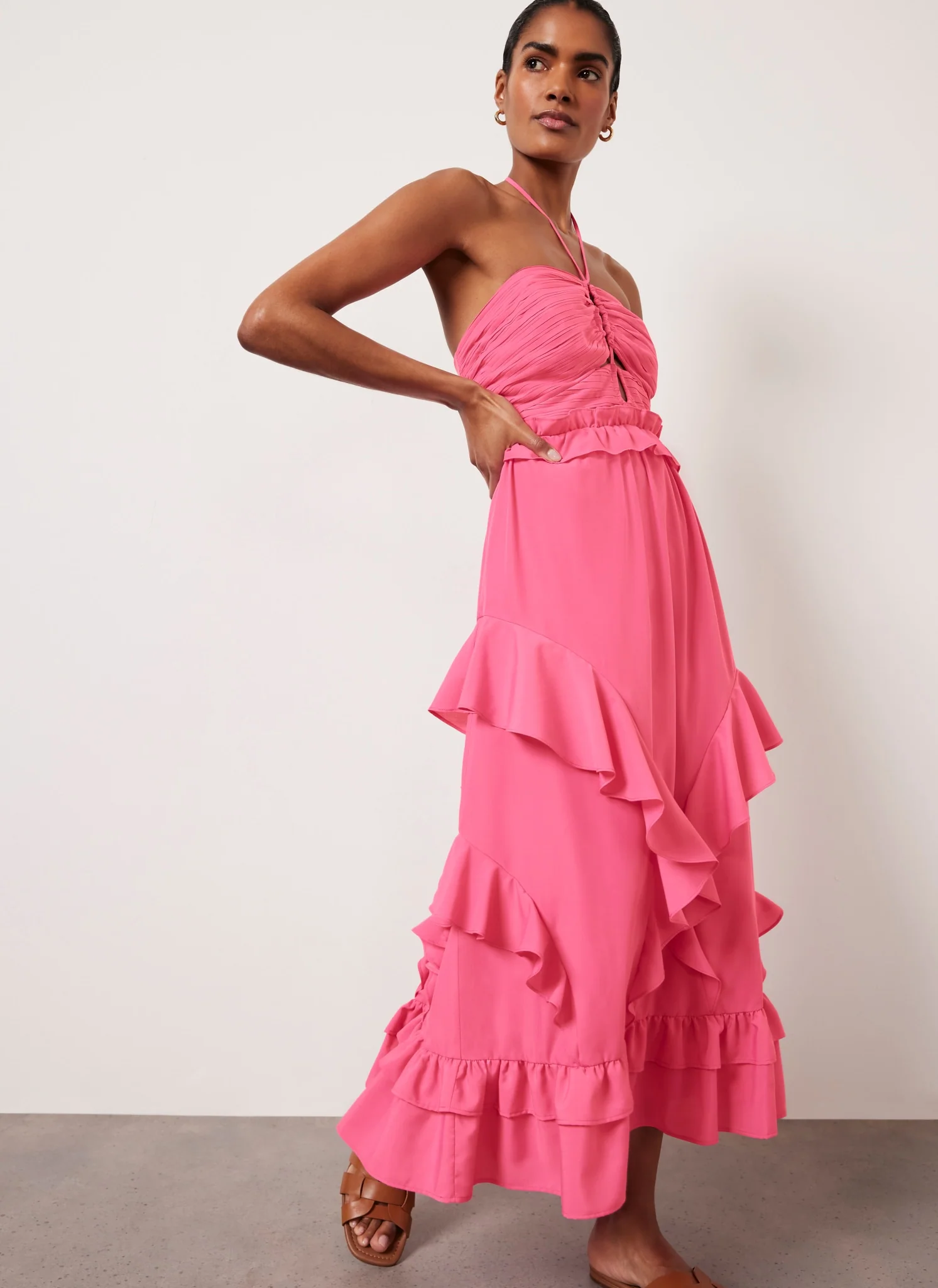 13453-pink-ruffle-halter-midi-dress-2.webp Pink Ruffle Halter Midi Dress