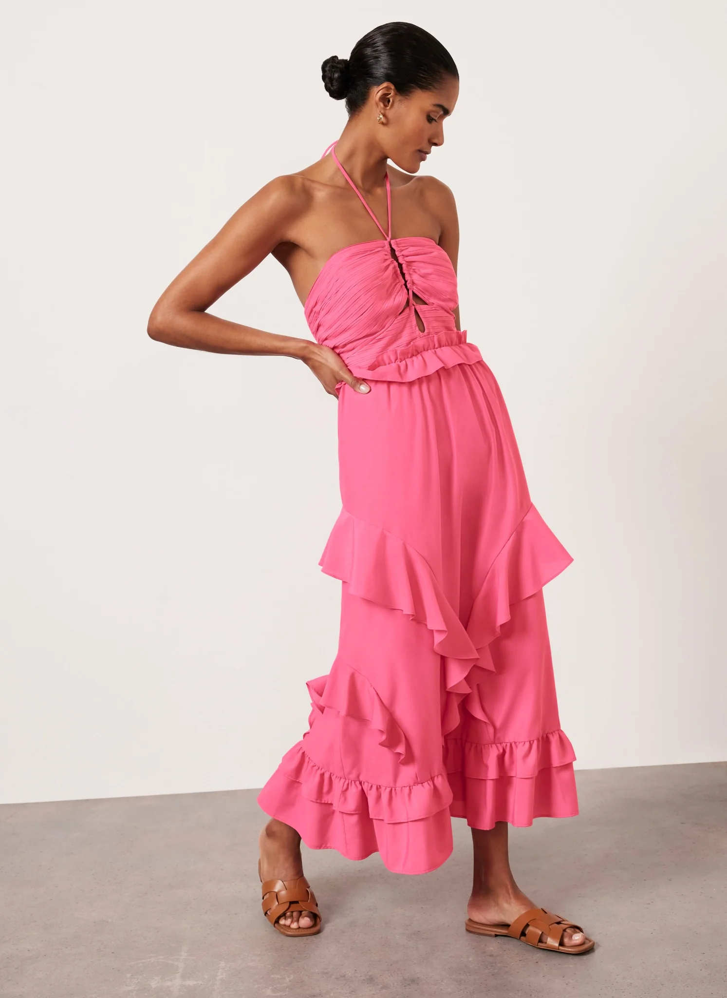 13453-pink-ruffle-halter-midi-dress-3.webp Pink Ruffle Halter Midi Dress