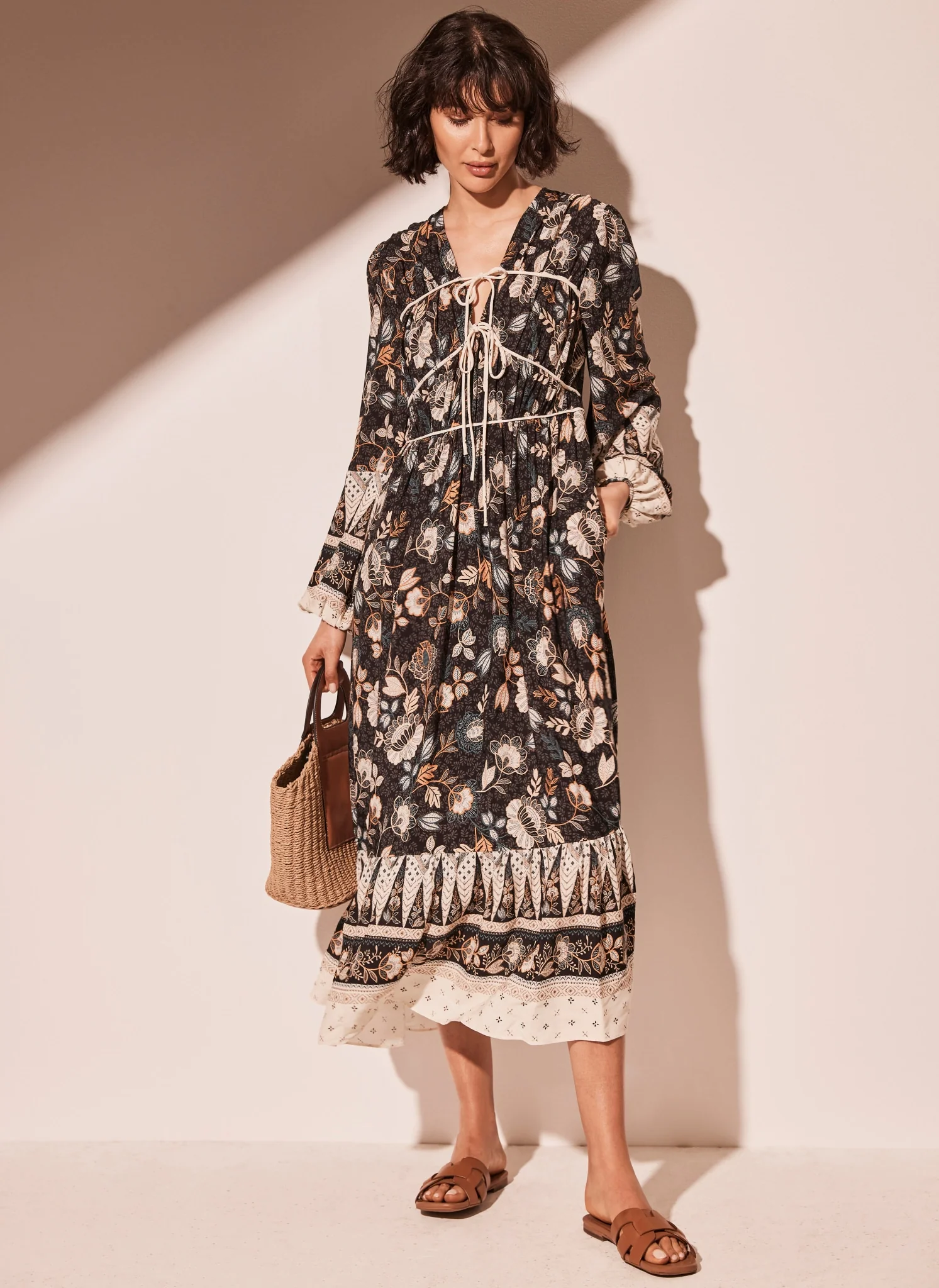 Black Floral Print Midi Dress