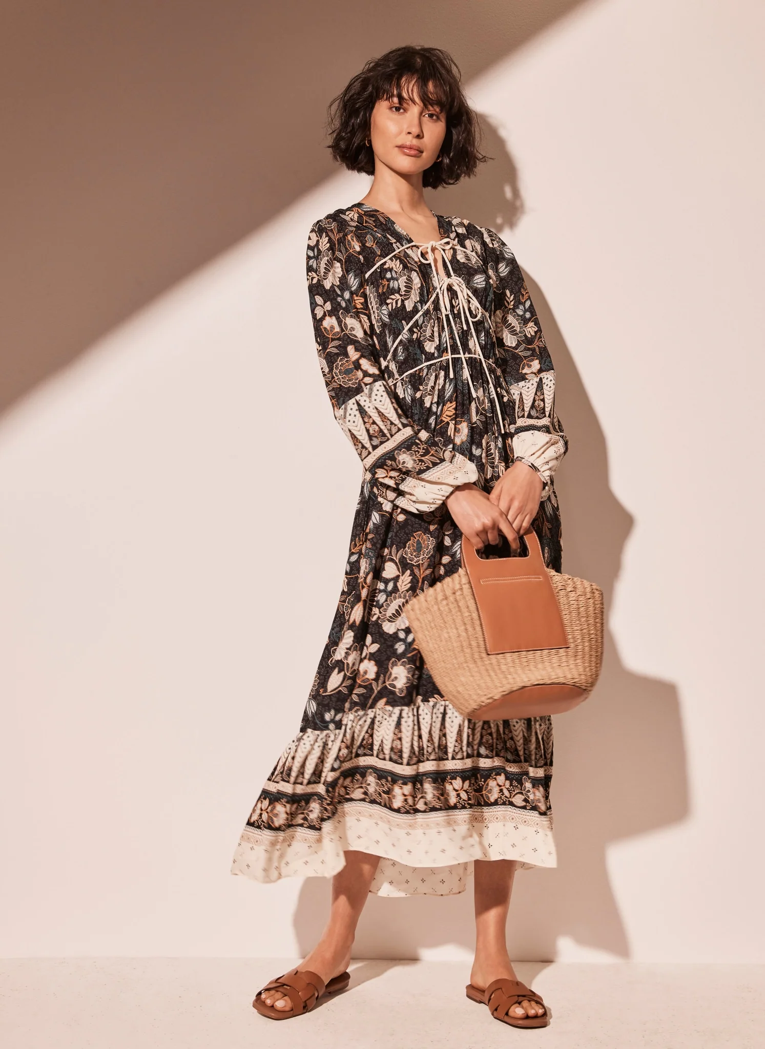 Black Floral Print Midi Dress