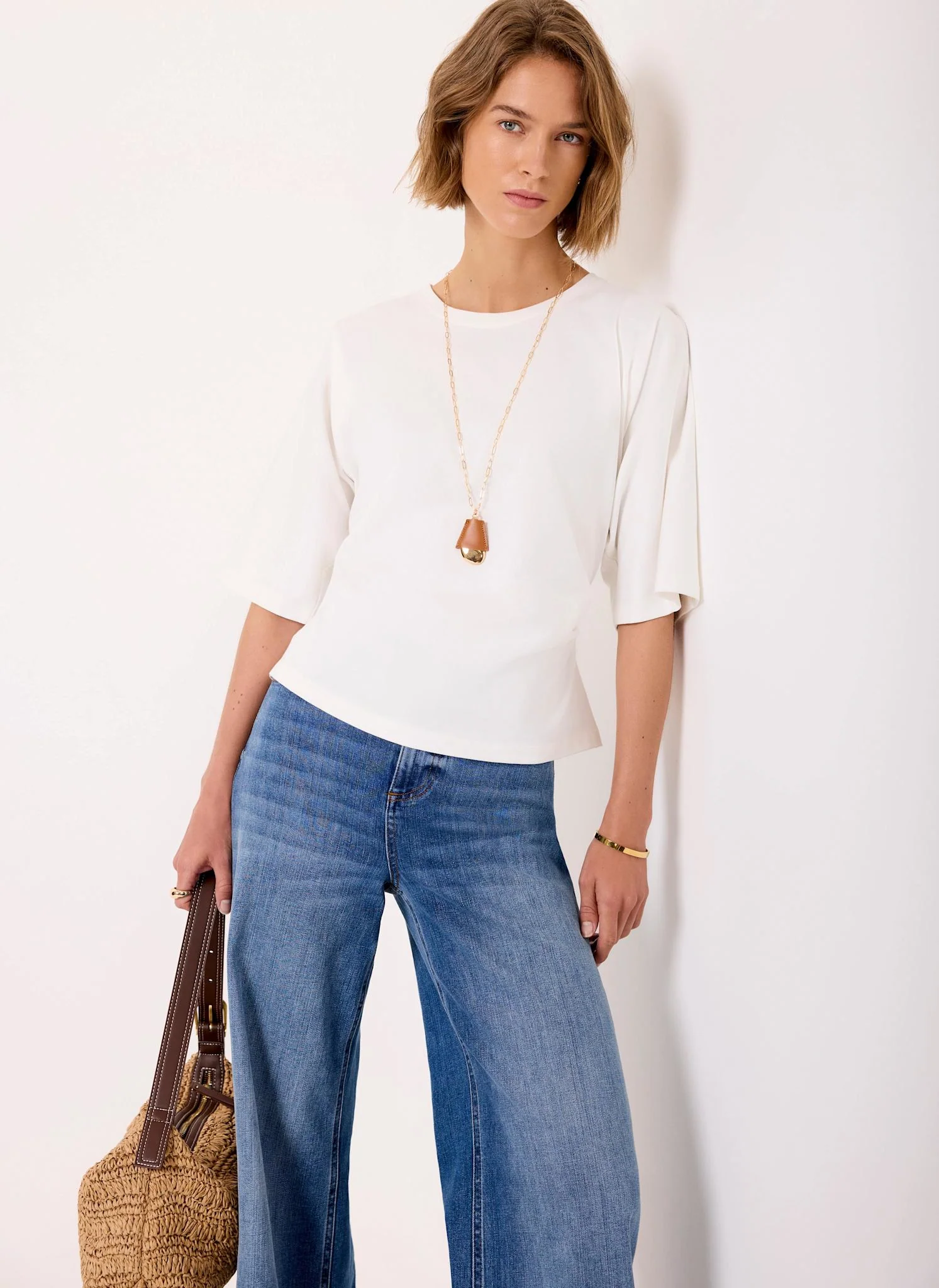 White Cotton Ruched Waist T-Shirt