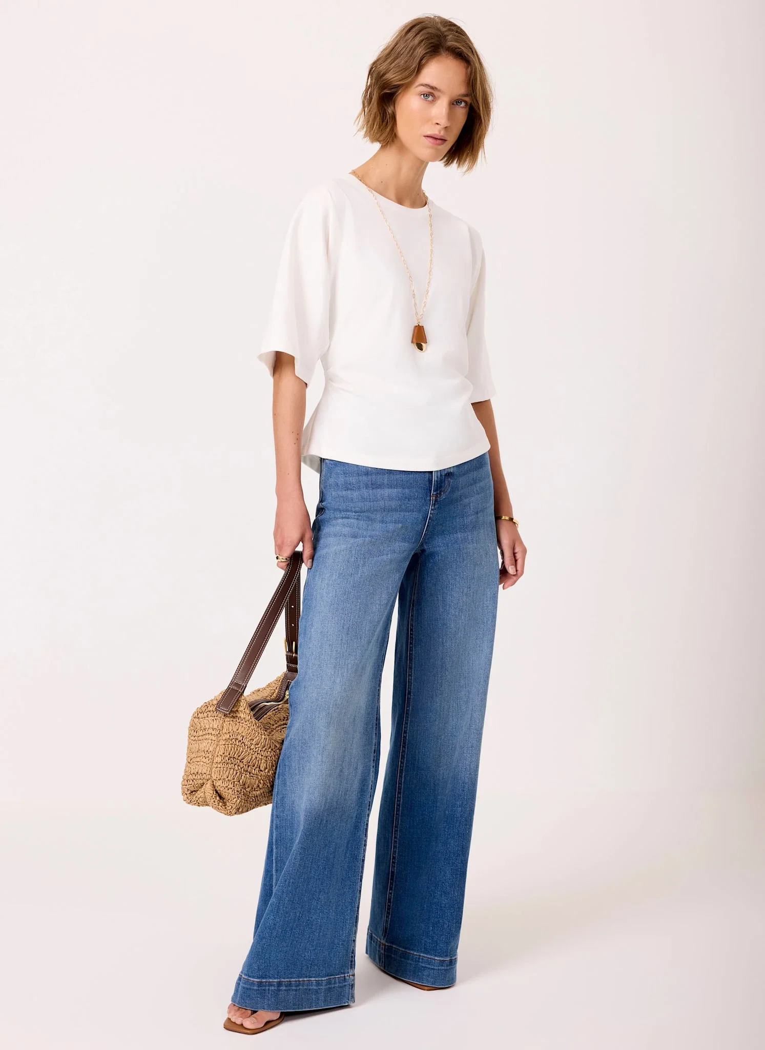 White Cotton Ruched Waist T-Shirt