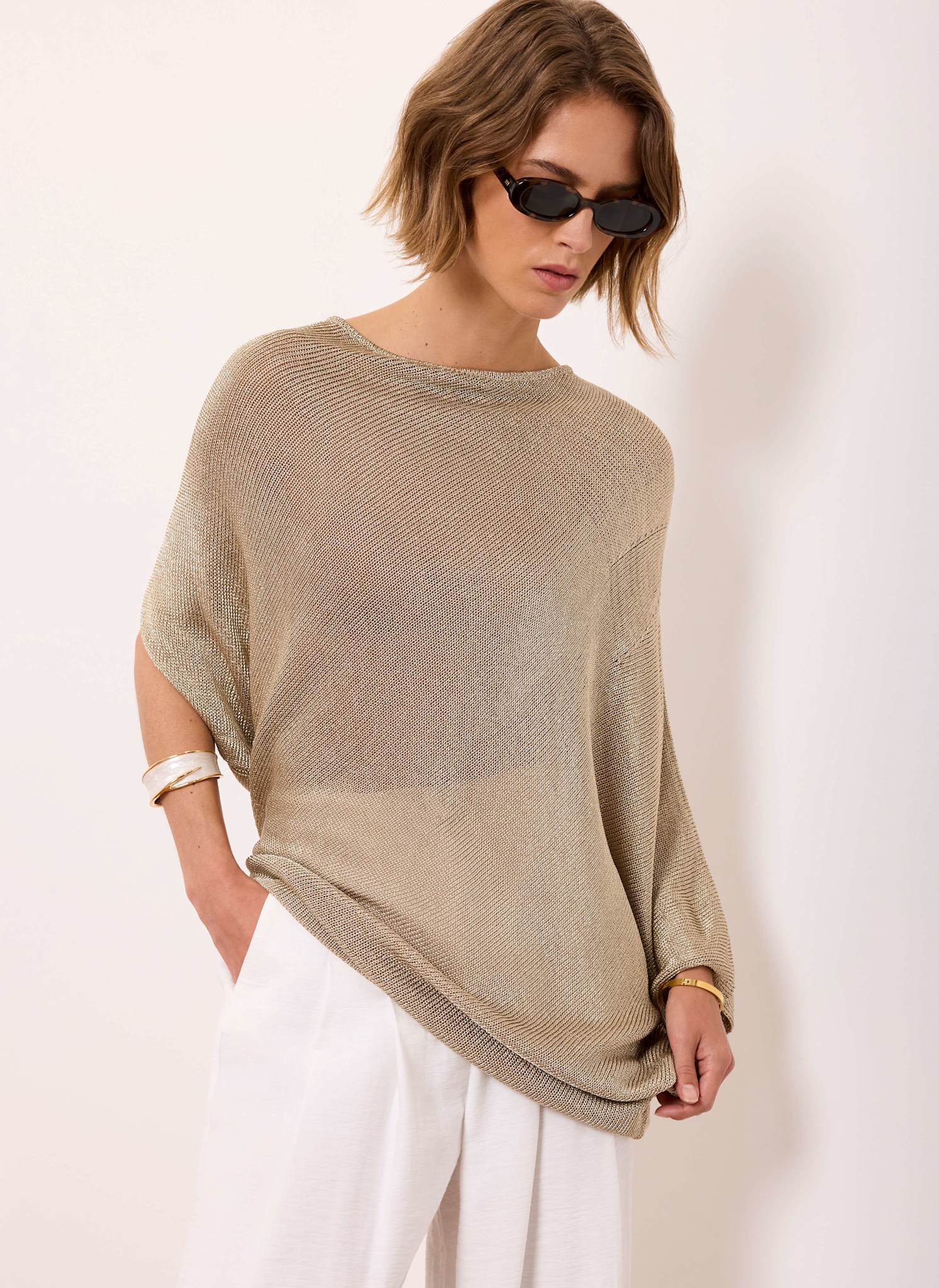 Gold Metallic Knit Poncho Top