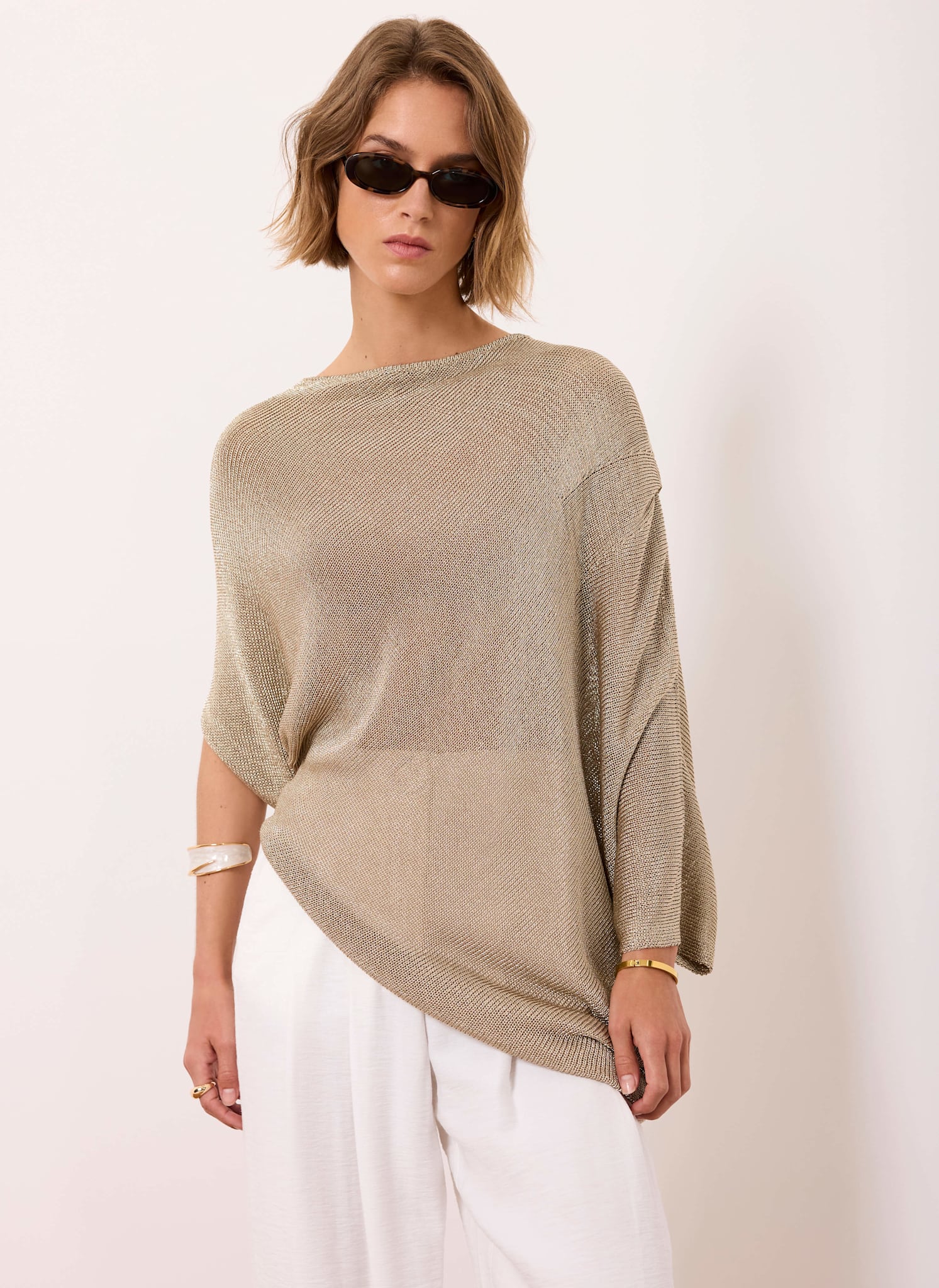 Gold Metallic Knit Poncho Top