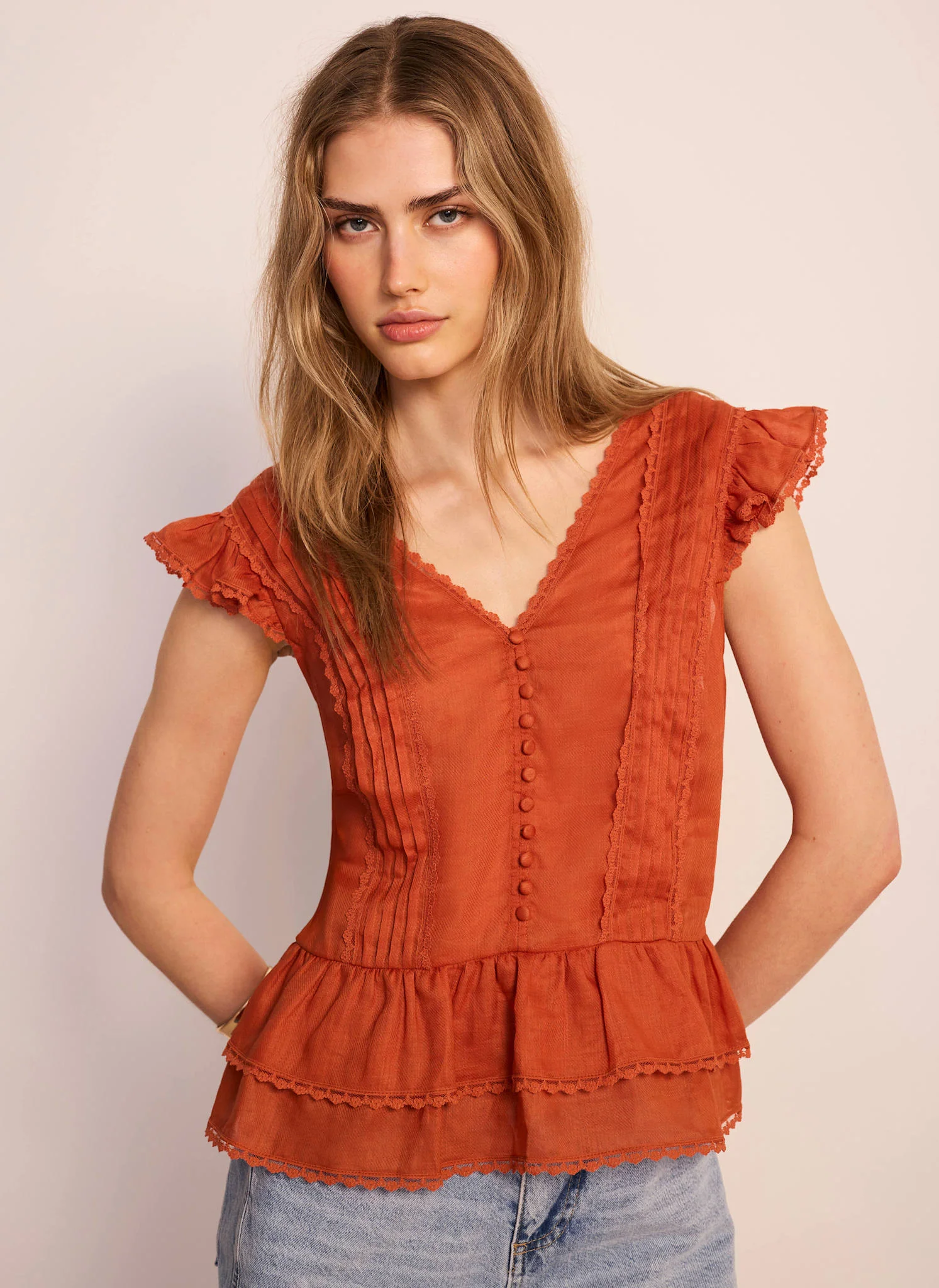 1404-orange-ramie-ruffle-detail-blouse-1.webp Orange Ramie Ruffle Detail Blouse