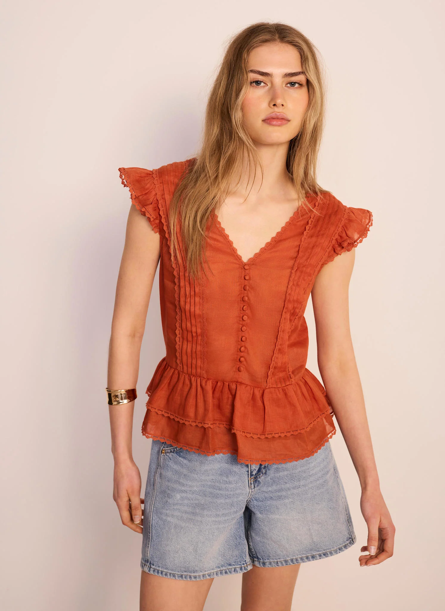 1404-orange-ramie-ruffle-detail-blouse-2.webp Orange Ramie Ruffle Detail Blouse