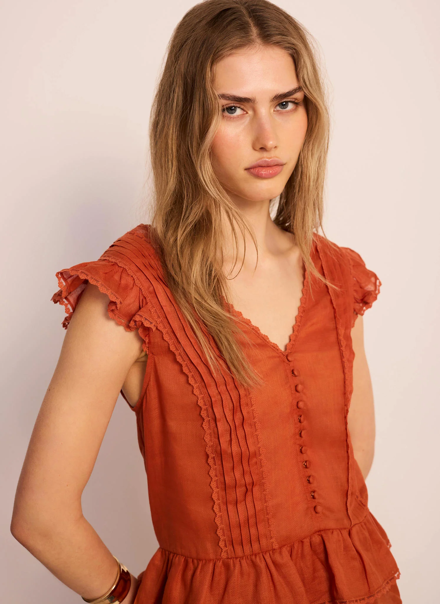 1404-orange-ramie-ruffle-detail-blouse-3.webp Orange Ramie Ruffle Detail Blouse