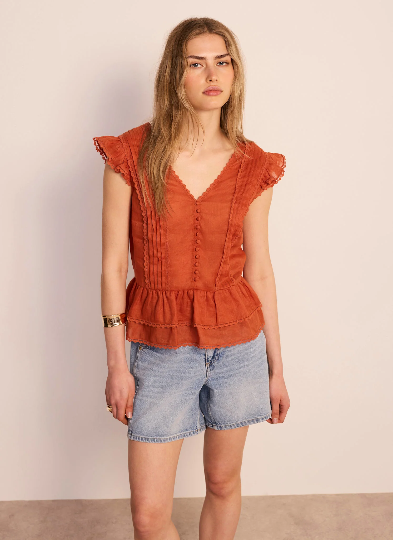 1404-orange-ramie-ruffle-detail-blouse-4.webp Orange Ramie Ruffle Detail Blouse