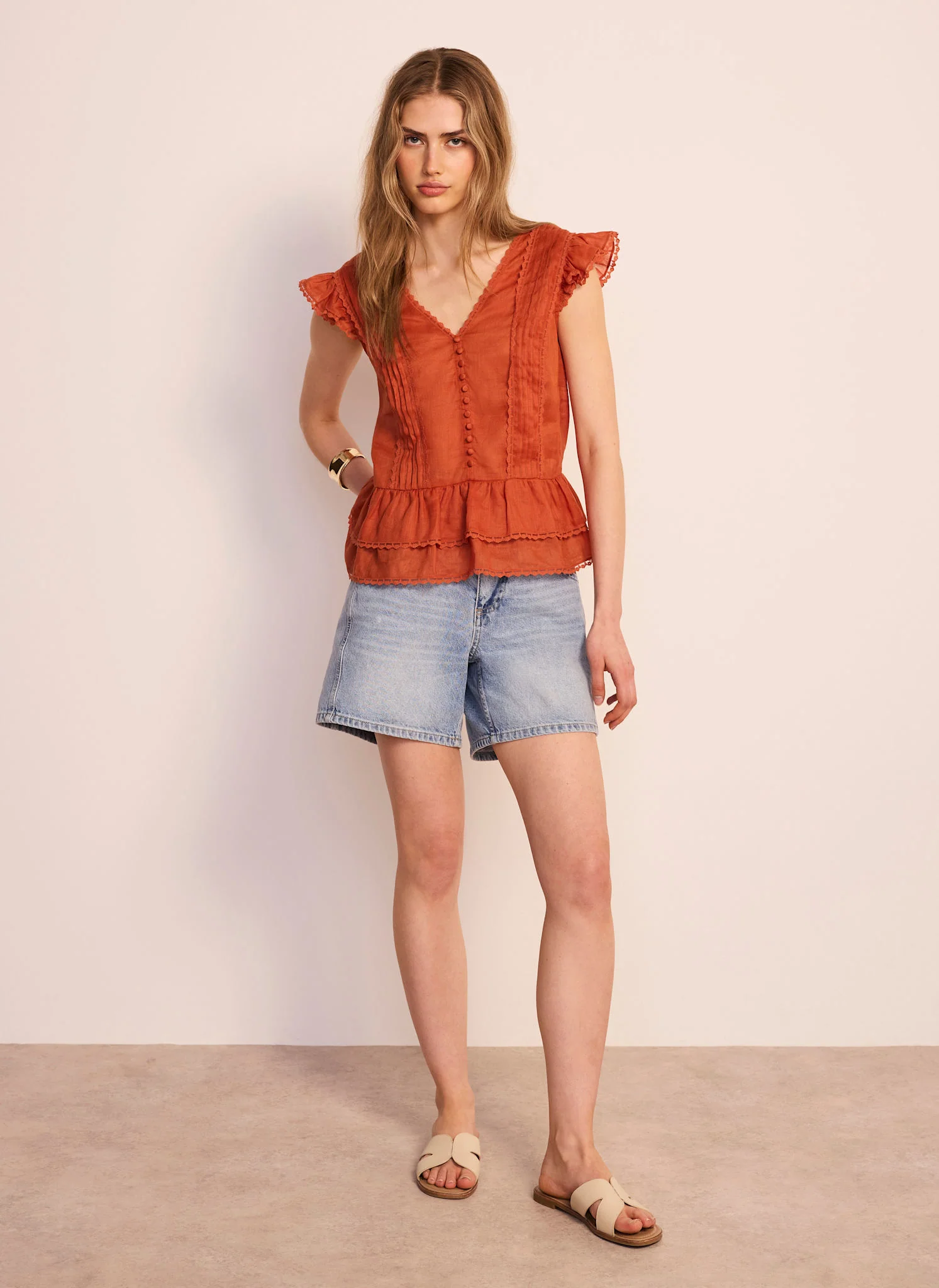1404-orange-ramie-ruffle-detail-blouse-5.webp Orange Ramie Ruffle Detail Blouse
